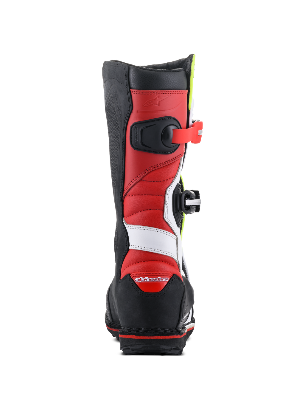 Alpinestars Tech-T laarzen, trials motorlaarzen, wit, rood, fluoriserend geel en zwart, achteraanzicht met rode lederen constructie met witte accenten, zwarte hielbeschermer met rood logo en een robuuste zwarte zool voor off-road tractie.