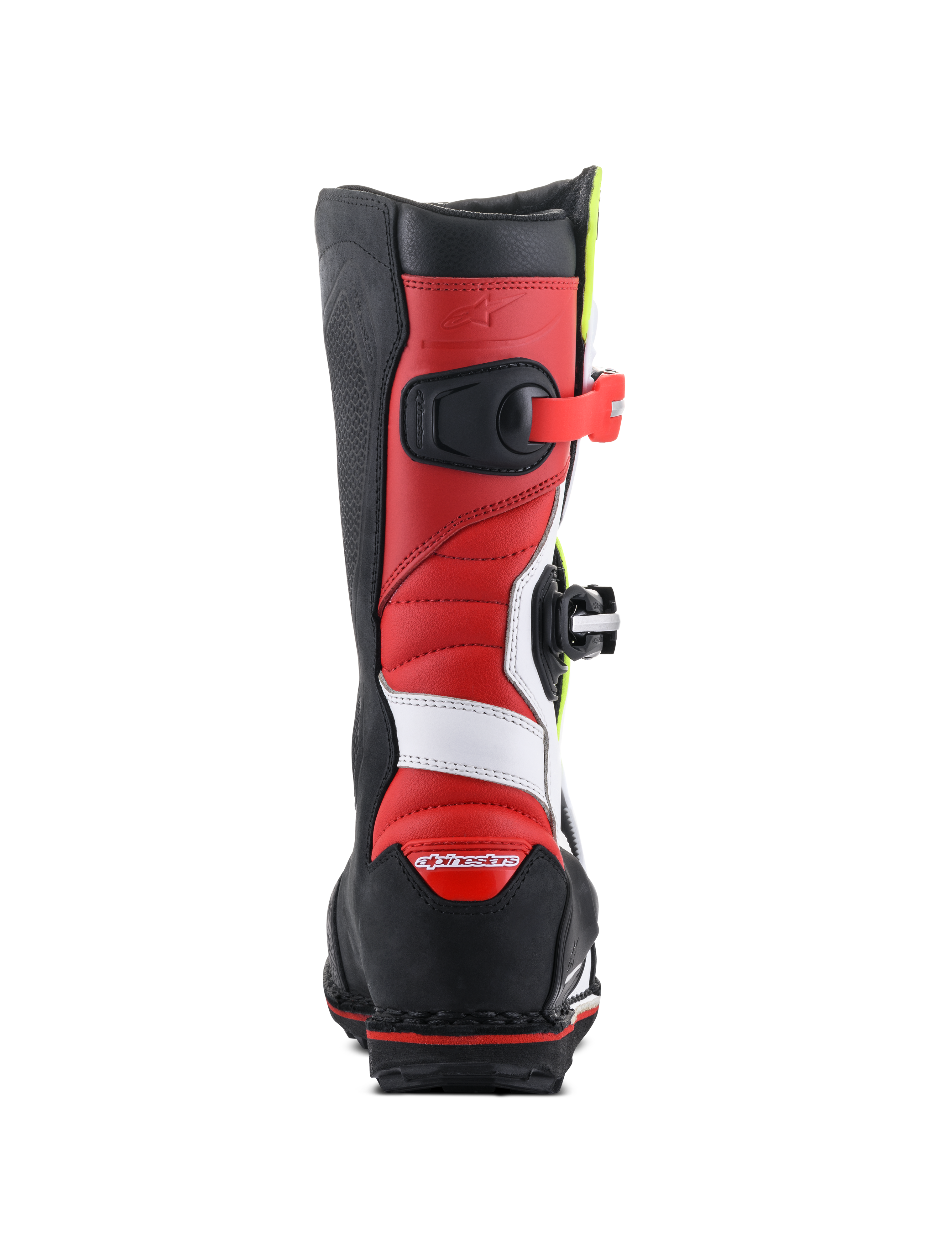 Alpinestars Tech-T laarzen, trials motorlaarzen, wit, rood, fluoriserend geel en zwart, achteraanzicht met rode lederen constructie met witte accenten, zwarte hielbeschermer met rood logo en een robuuste zwarte zool voor off-road tractie.