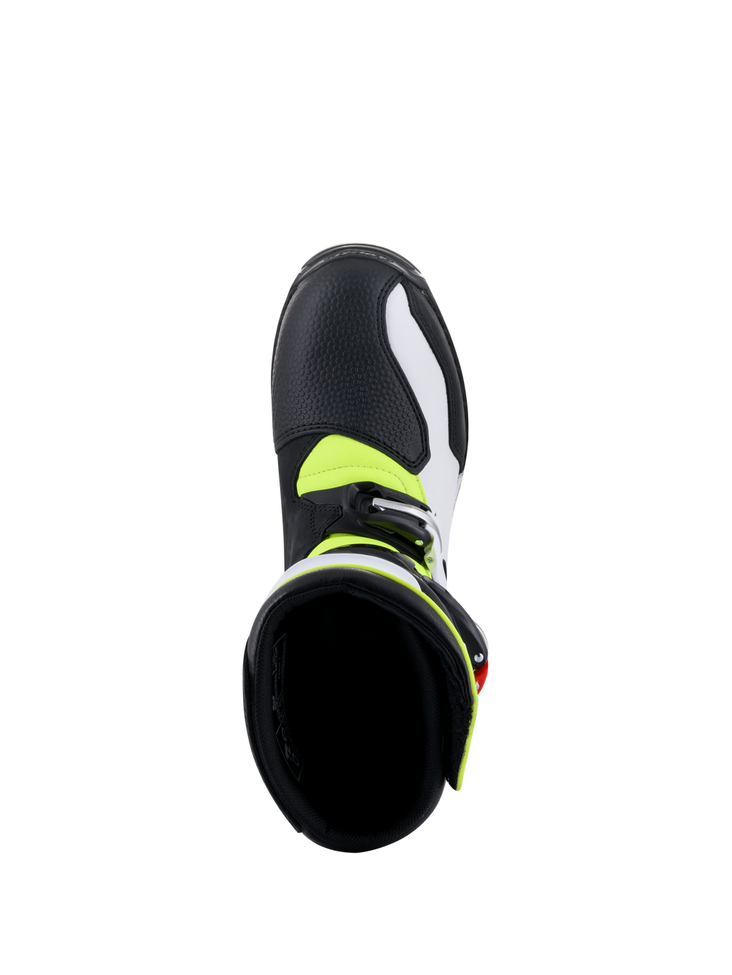 Alpinestars Tech-T laarzen, trial motorlaarzen, wit, rood, fluor geel en zwart, bovenaanzicht met zicht op de binnenkant van de laars, toont de gevoerde zwarte voering, neongele accenten en zilveren gespsluiting