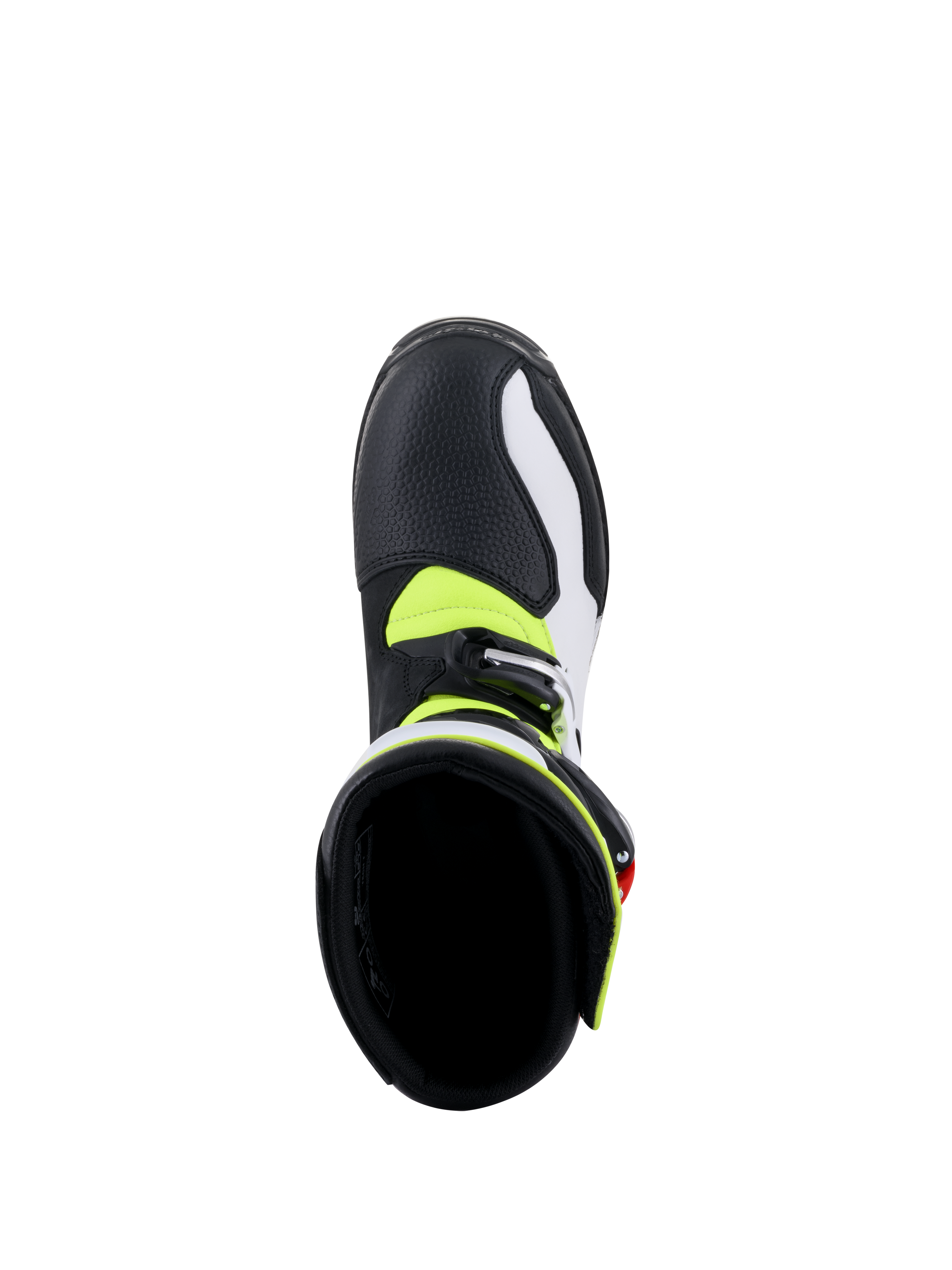 Alpinestars Tech-T laarzen, trial motorlaarzen, wit, rood, fluor geel en zwart, bovenaanzicht met zicht op de binnenkant van de laars, toont de gevoerde zwarte voering, neongele accenten en zilveren gespsluiting