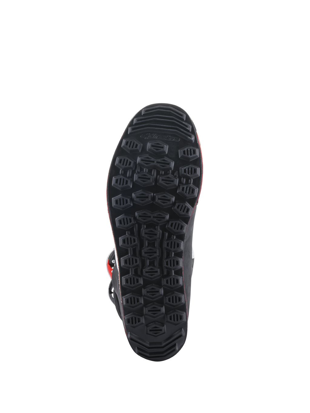 Alpinestars Tech-T laarzen, zoolaanzicht, zwarte rubberen buitenzool met getextureerd hexagonaal grippatroon, ontworpen voor gevoeligheid bij trialrijden en controle op de voetsteunen.