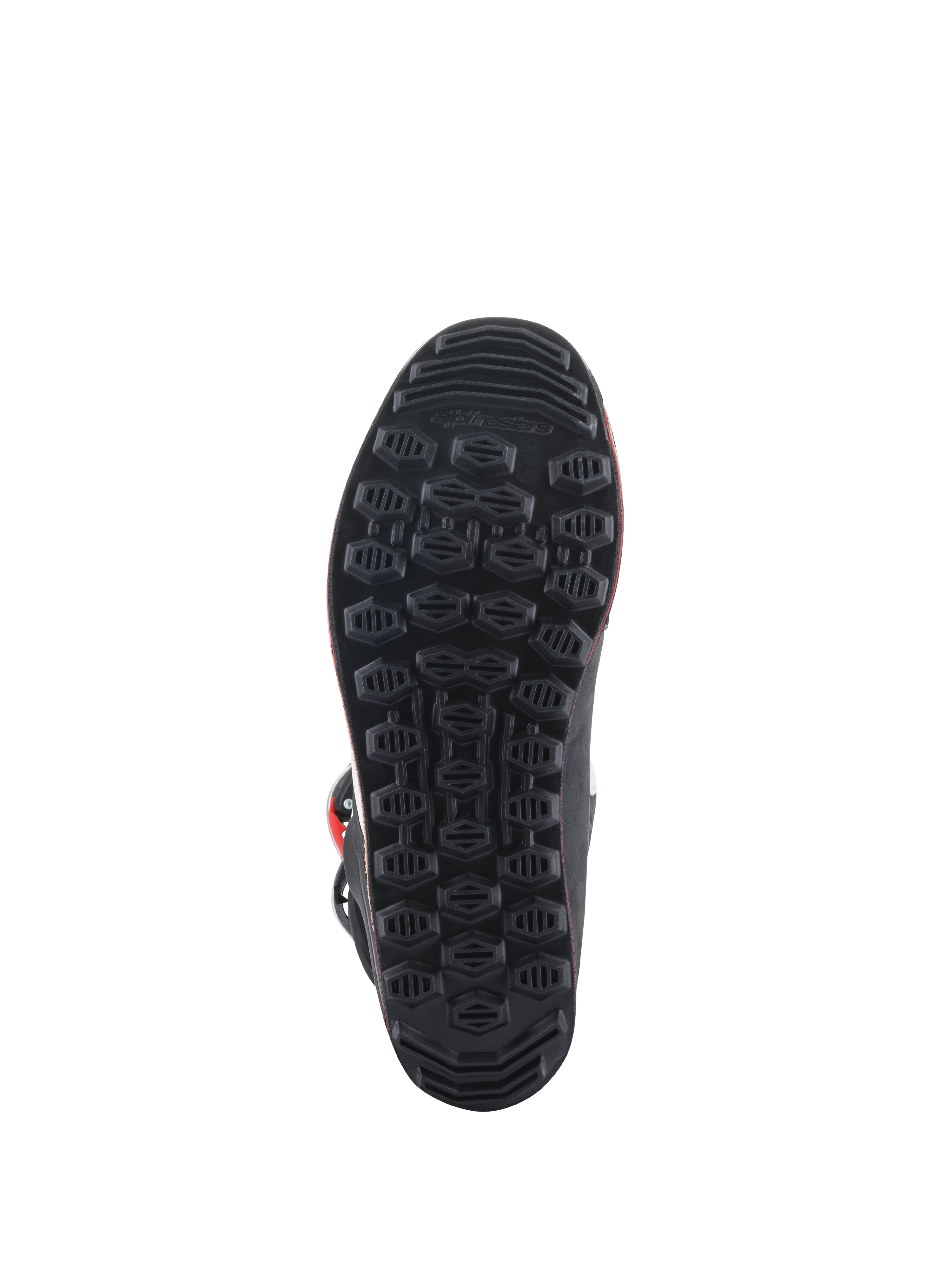 Alpinestars Tech-T laarzen, zoolaanzicht, zwarte rubberen buitenzool met getextureerd hexagonaal grippatroon, ontworpen voor gevoeligheid bij trialrijden en controle op de voetsteunen.