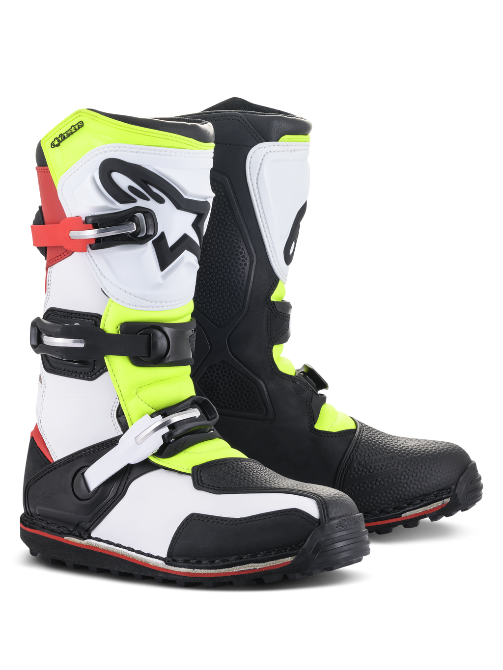 Alpinestars Tech-T laarzen, trials motorlaarzen, wit, rood, fluorgeel en zwart, voorzien van een ergonomische scheenplaat met sterlogo, stevige gespsluitingen en gespecialiseerde zool voor technisch off-road rijden
