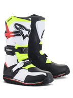 Alpinestars Tech-T laarzen, trials motorlaarzen, wit, rood, fluorgeel en zwart, voorzien van een ergonomische scheenplaat met sterlogo, stevige gespsluitingen en gespecialiseerde zool voor technisch off-road rijden
