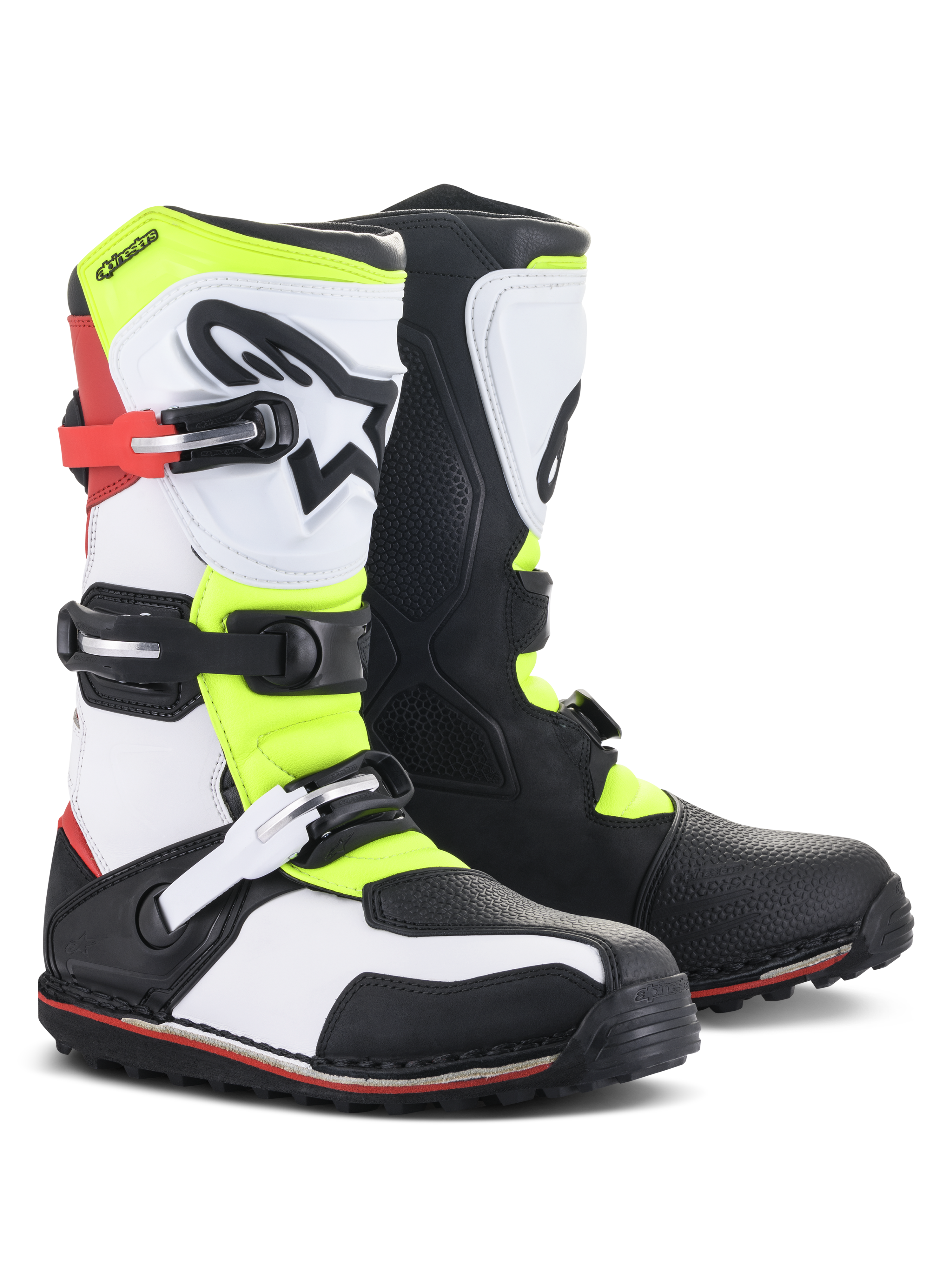 Alpinestars Tech-T laarzen, trials motorlaarzen, wit, rood, fluorgeel en zwart, voorzien van een ergonomische scheenplaat met sterlogo, stevige gespsluitingen en gespecialiseerde zool voor technisch off-road rijden