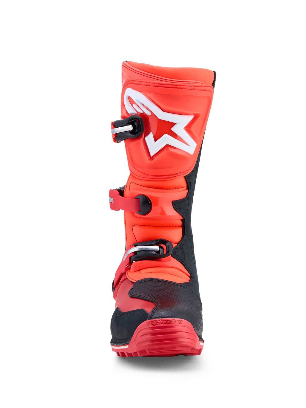 Alpinestars Tech-T laarzen, trial motorlaarzen in fluorescerend rood en zwart leer met TPU-scheenplaten en CE-gecertificeerde bescherming.