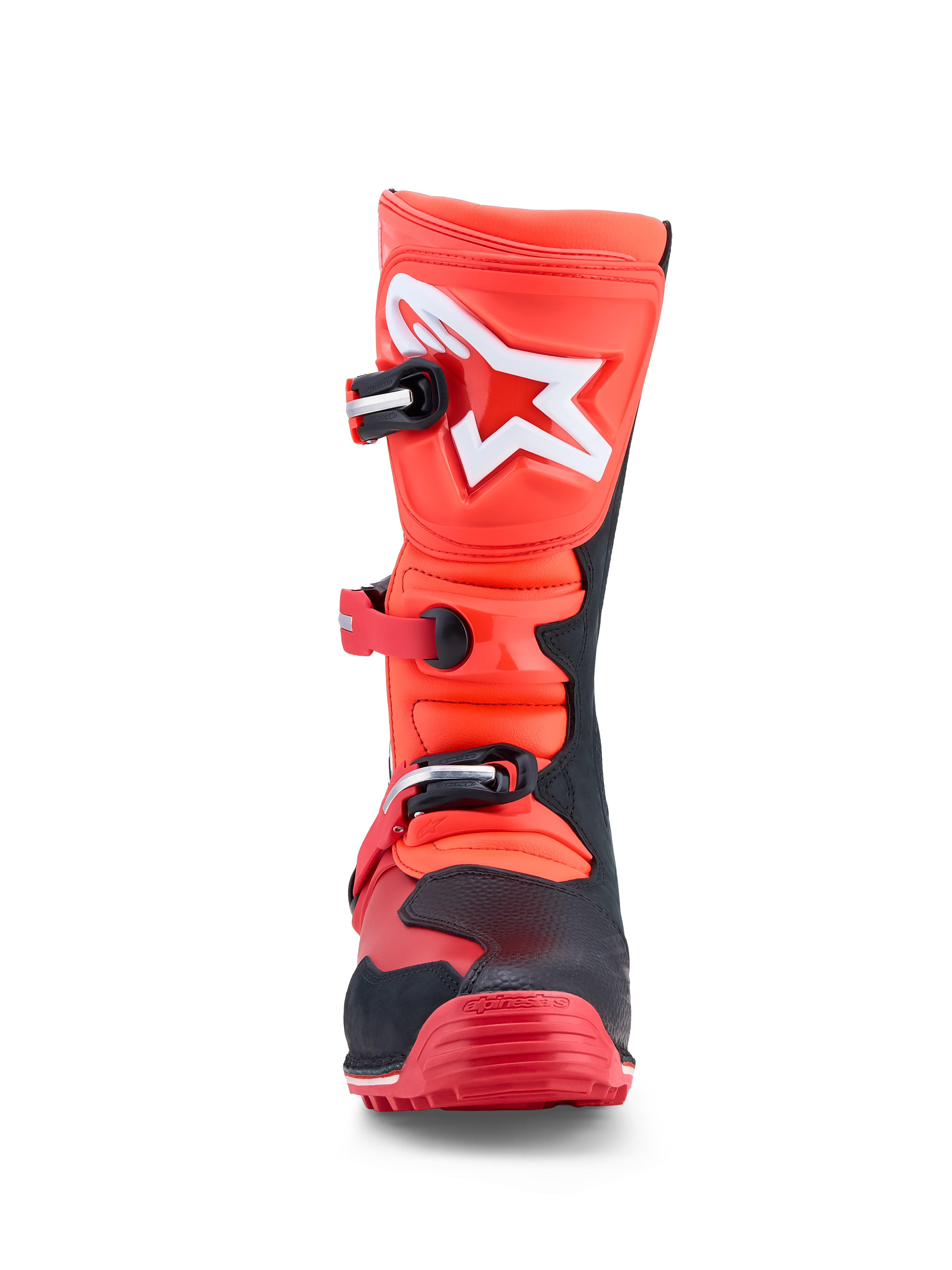 Alpinestars Tech-T laarzen, trial motorlaarzen in fluorescerend rood en zwart leer met TPU-scheenplaten en CE-gecertificeerde bescherming.