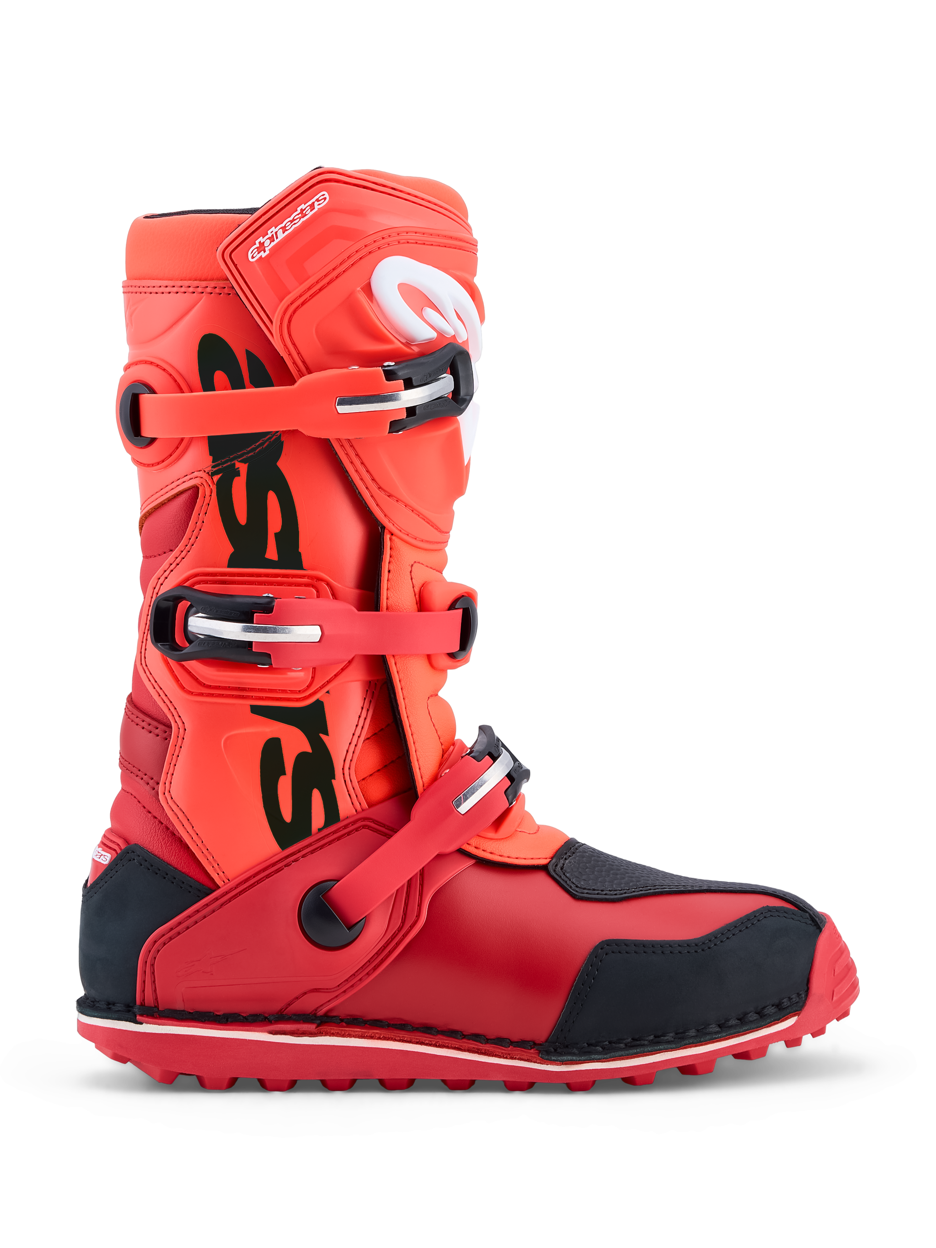 Alpinestars Tech-T triallaarzen in fluorescerend rood en zwart, met drie gespen sluiting, TPU-bescherming en CE-certificering.