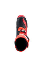 Alpinestars Tech-T laarzen, rode en zwarte trialmotorlaarzen van leer, bovenaanzicht met gespen, CE-gecertificeerd.