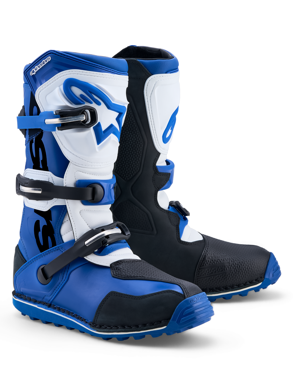 Alpinestars Tech-T laarzen, heren trials motorlaarzen in blauw, zwart en wit, lederen bovenwerk met TPU-bescherming, drie gespen en gripzool, CE-gecertificeerd.