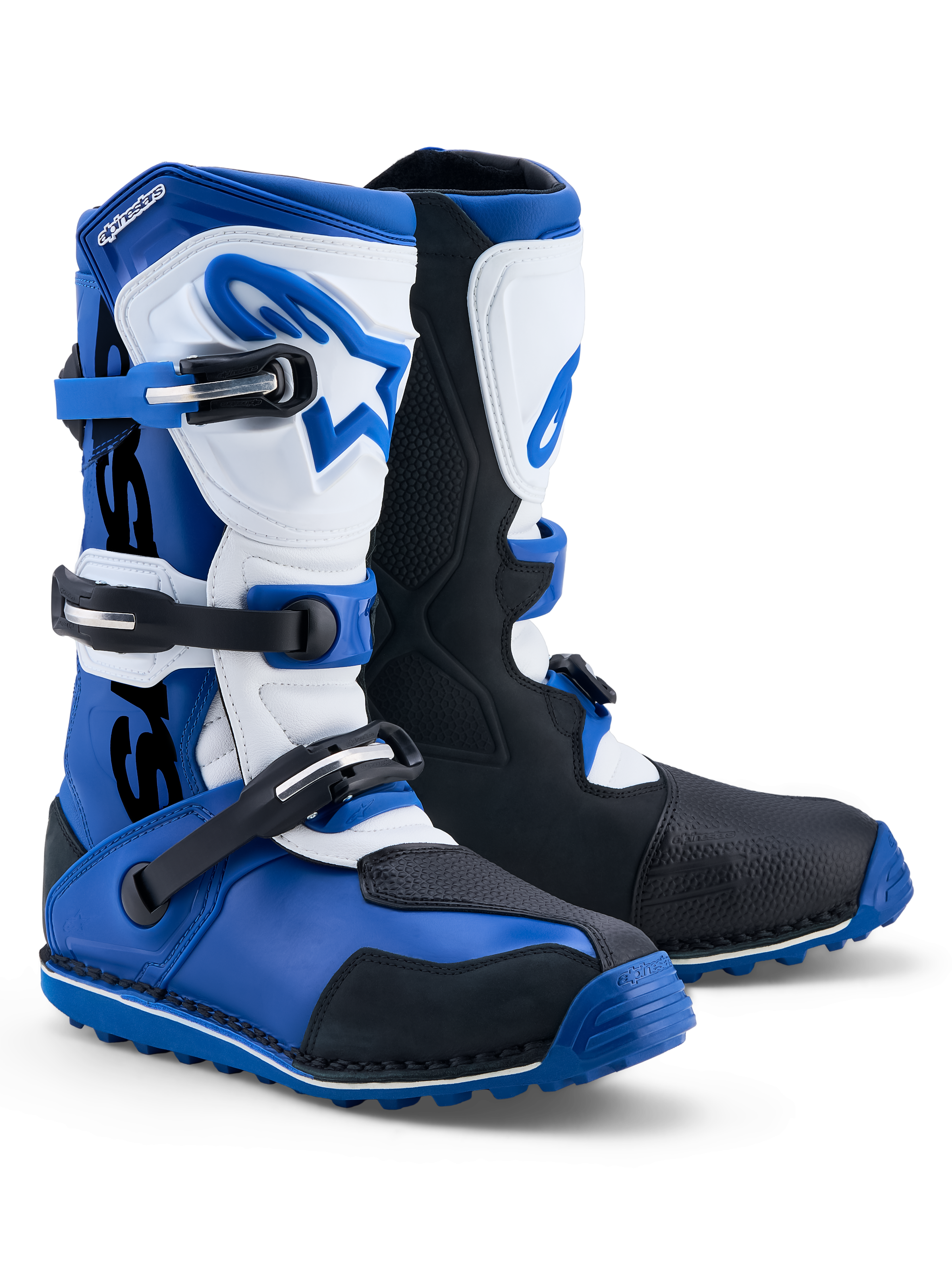 Alpinestars Tech-T laarzen, heren trials motorlaarzen in blauw, zwart en wit, lederen bovenwerk met TPU-bescherming, drie gespen en gripzool, CE-gecertificeerd.