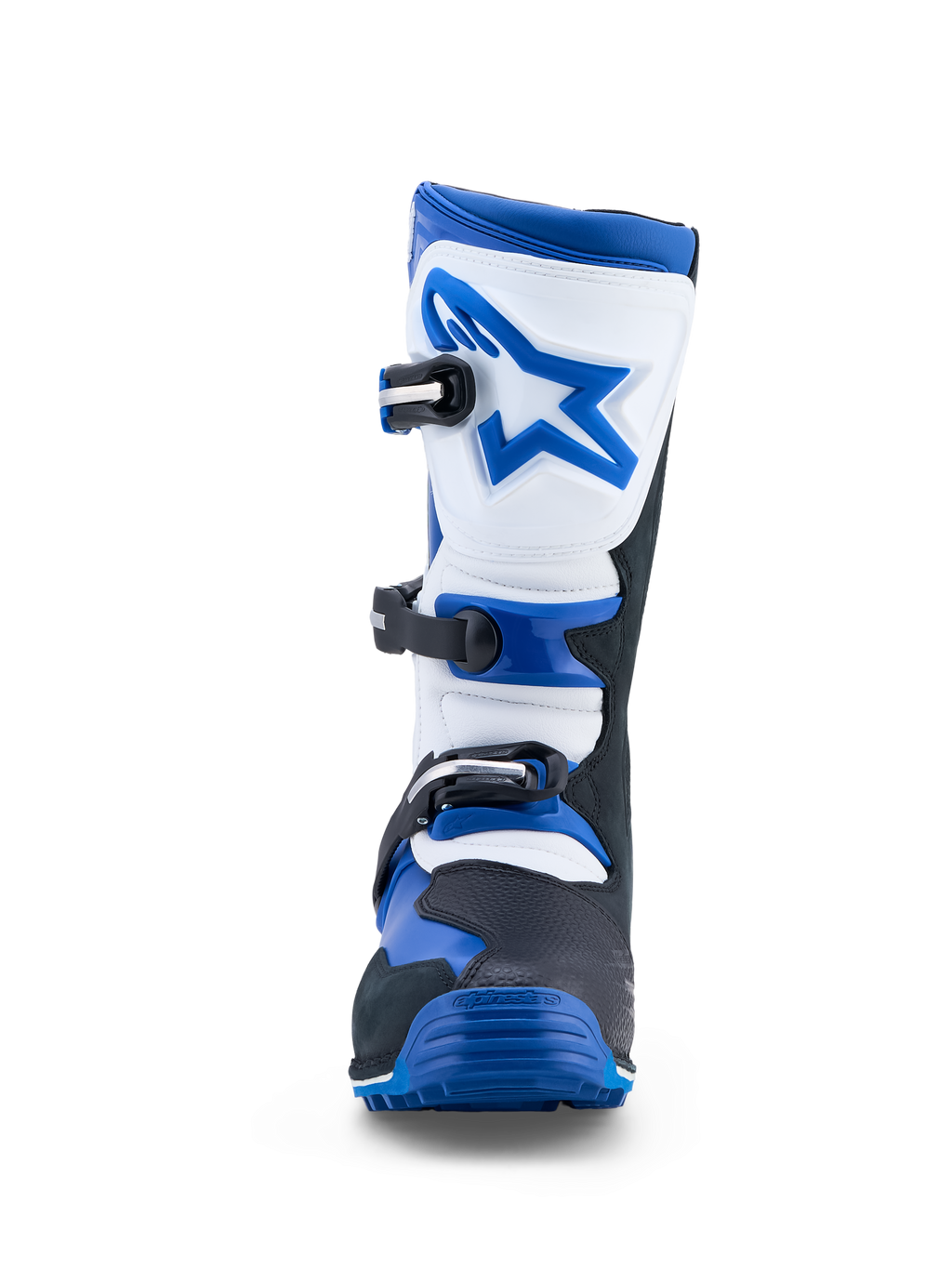 Alpinestars Tech-T laarzen, heren triallaarzen in blauw, zwart en wit leer met een veilige sluiting van drie gespen en TPU-scheenbescherming, CE-gecertificeerd.