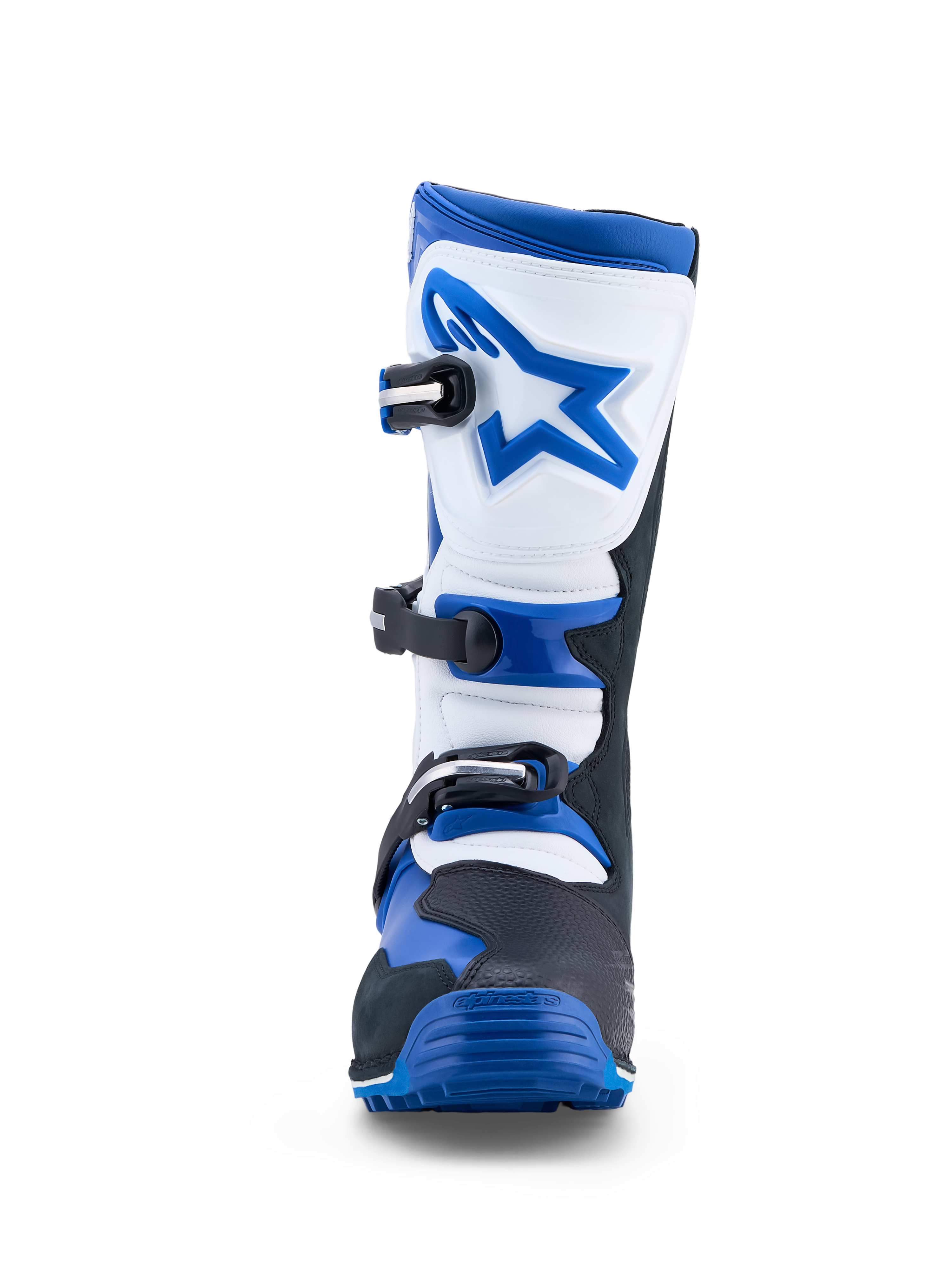Alpinestars Tech-T laarzen, heren triallaarzen in blauw, zwart en wit leer met een veilige sluiting van drie gespen en TPU-scheenbescherming, CE-gecertificeerd.