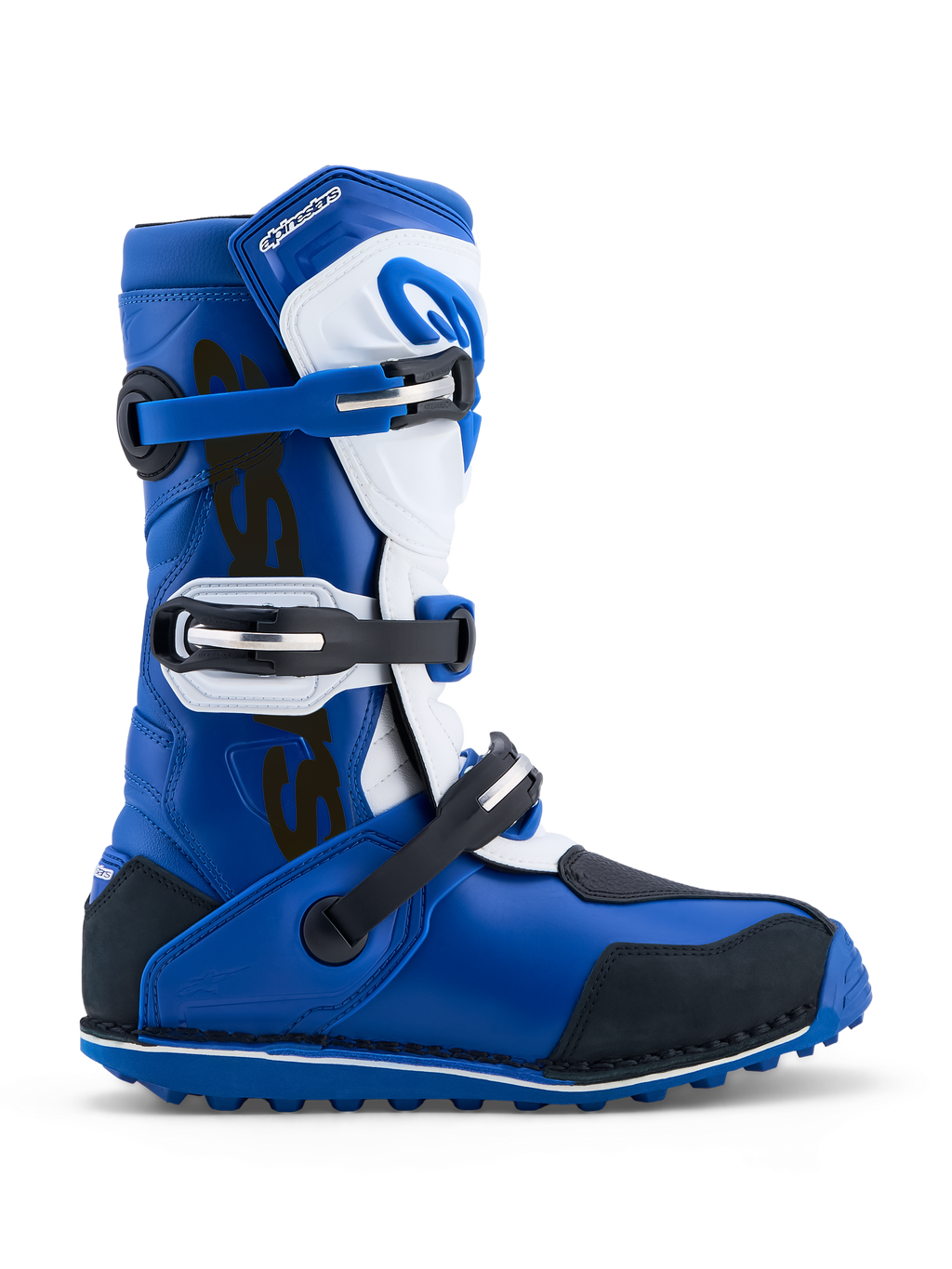 Alpinestars Tech-T laarzen, triallaarzen, blauw en wit, leer, drie gespen, rubberen gripzool, CE-gecertificeerd