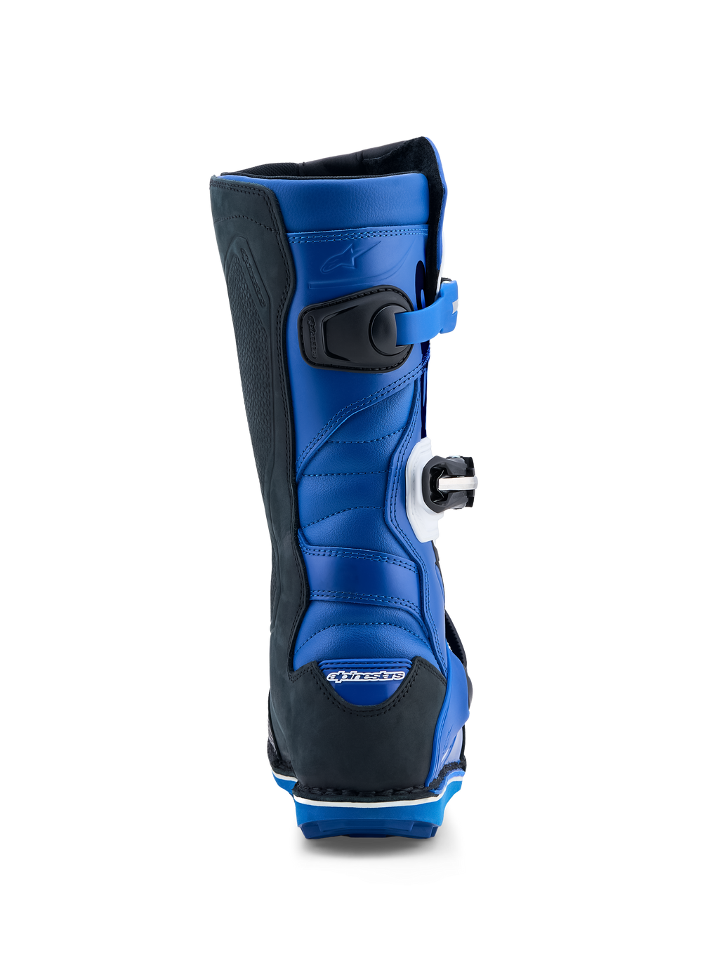 Alpinestars Tech-T laarzen, heren-trialmotorlaarzen, blauw en zwart, achteraanzicht, lederen constructie met flexzones.