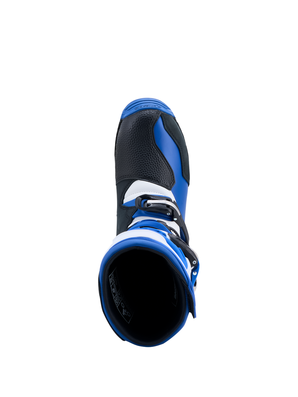 Alpinestars Tech-T laarzen, triallaarzen, blauw, zwart en wit, bovenaanzicht met instapopening en lederen constructie