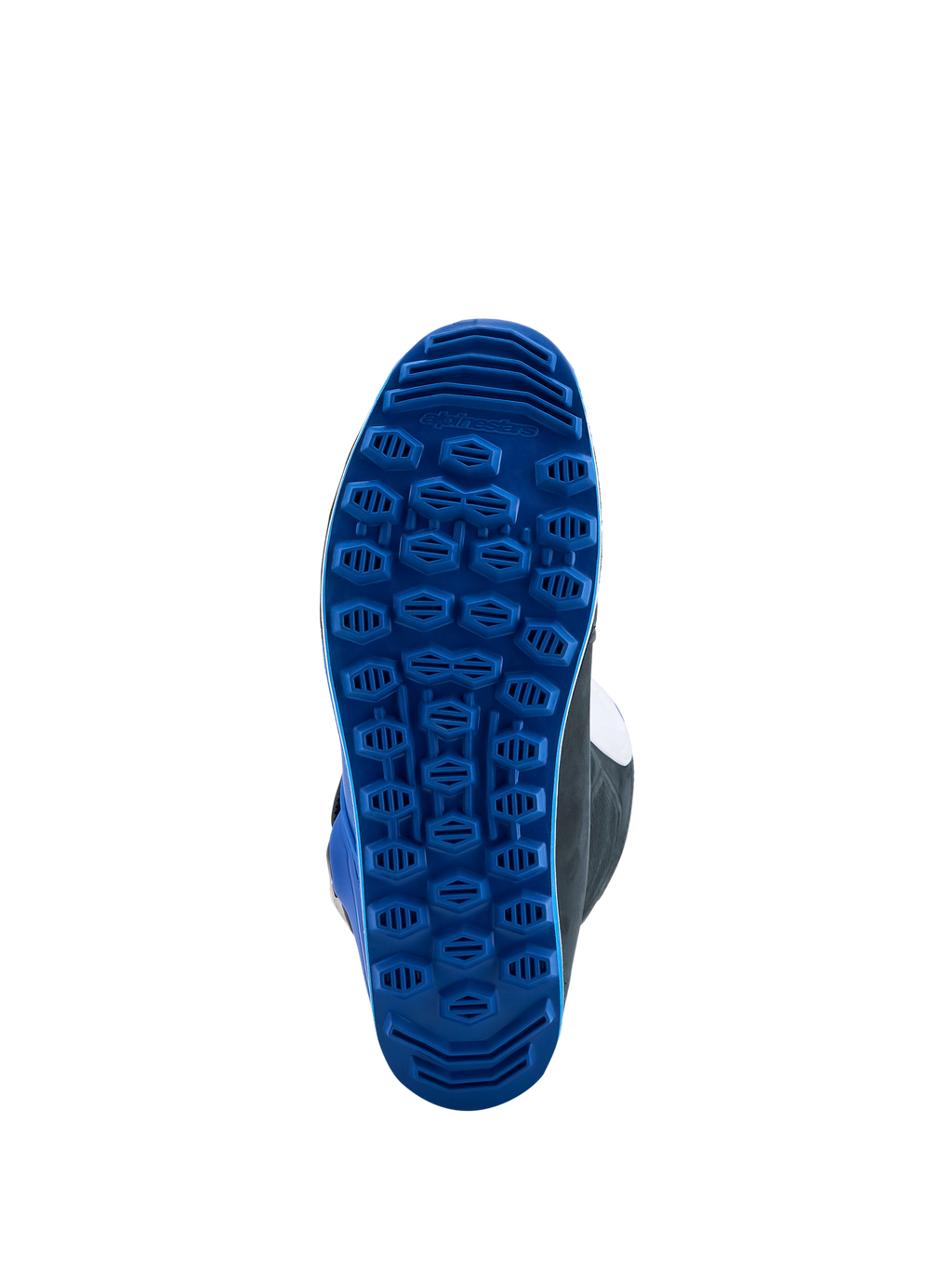 Alpinestars Tech-T motorlaarzen voor trialrijden, blauwe rubberen zool met hoge grip voor precies gevoel op de voetsteunen.