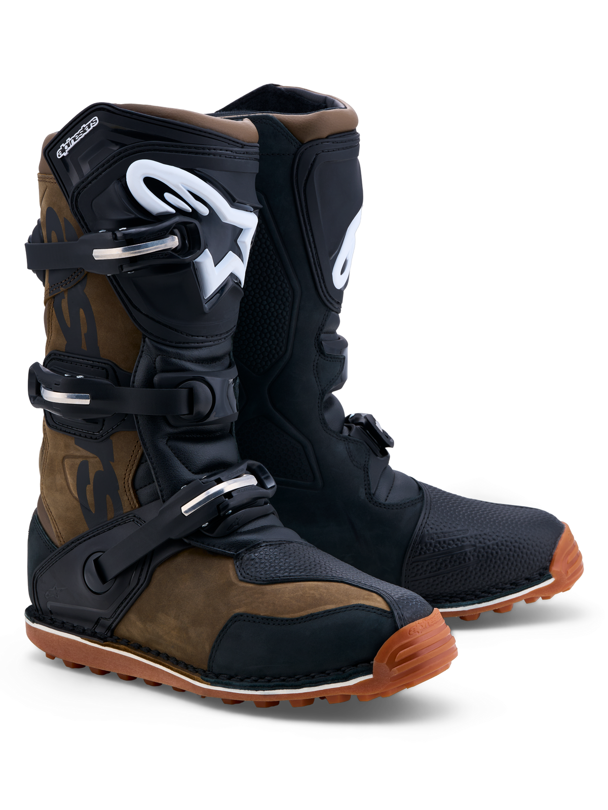 Alpinestars Tech-T laarzen, trials motorlaarzen, bruin en zwart leer, ergonomische TPU-scheenplaten, CE-gecertificeerd.
