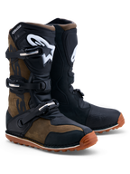 Alpinestars Tech-T laarzen, trials motorlaarzen, bruin en zwart leer, ergonomische TPU-scheenplaten, CE-gecertificeerd.