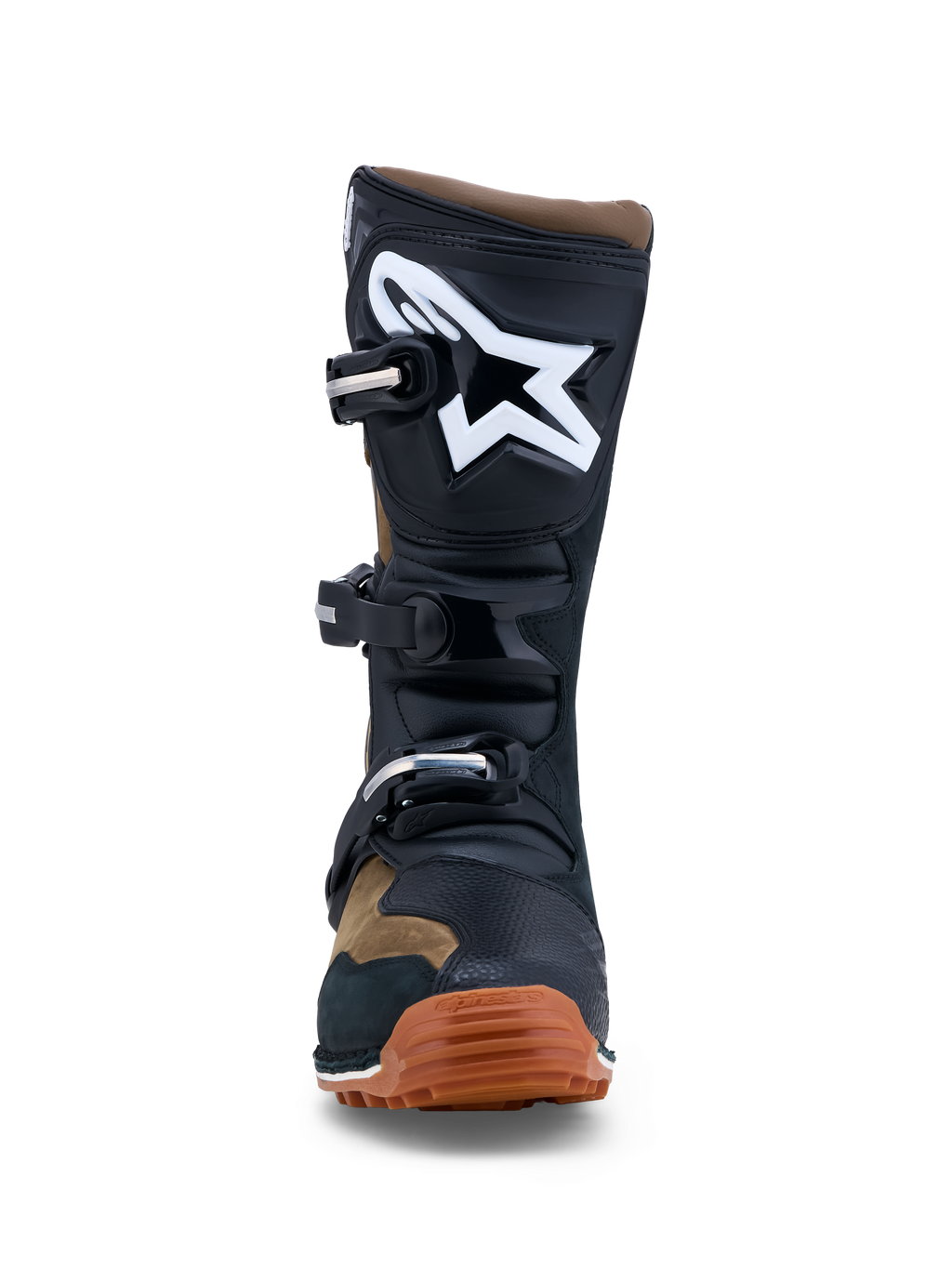 Alpinestars Tech-T heren-triallaarzen, bruin en zwart leer, wit logo, TPU-scheenplaat en bruine rubberen zool.