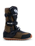 Alpinestars Tech-T laarzen, bruine en zwarte lederen triallaarzen met een drievoudige gespsluiting en rubberen zool voor grip, CE-gecertificeerd.