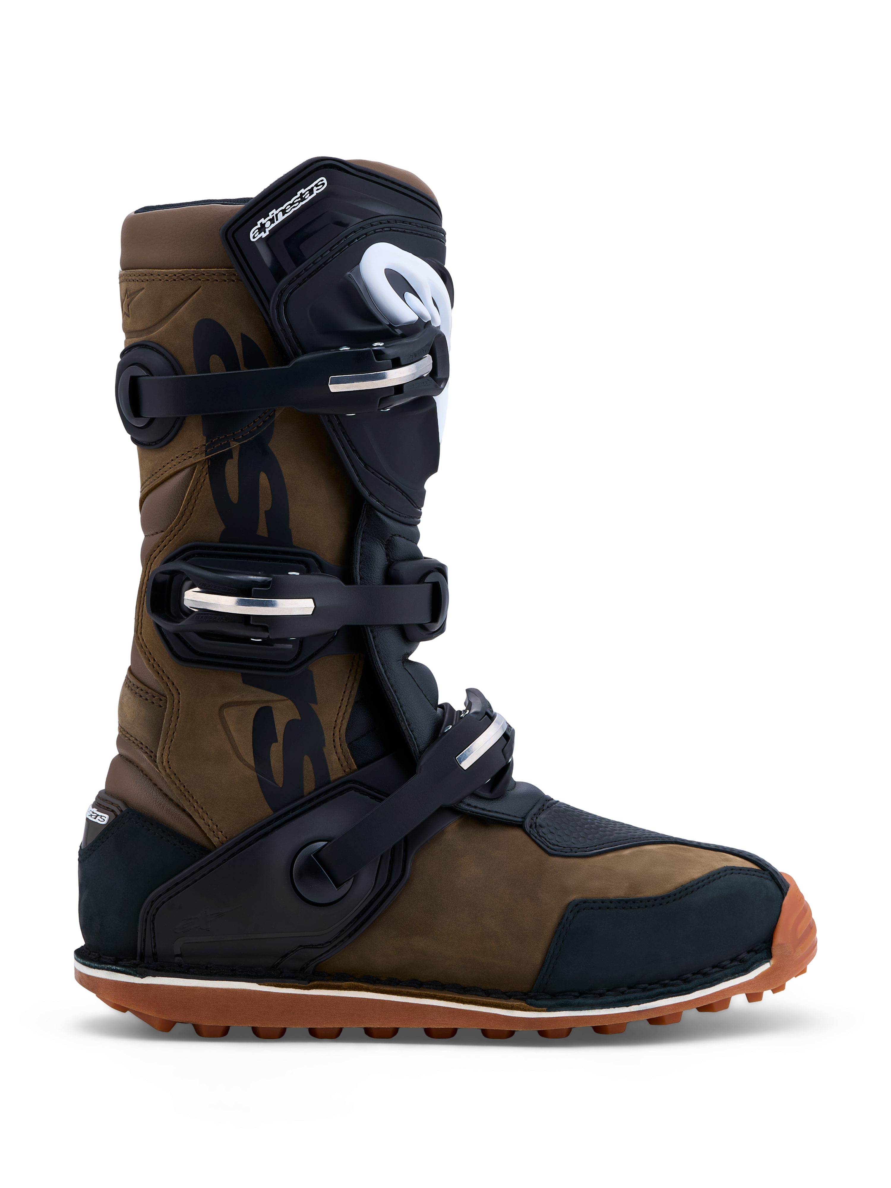 Alpinestars Tech-T laarzen, bruine en zwarte lederen triallaarzen met een drievoudige gespsluiting en rubberen zool voor grip, CE-gecertificeerd.