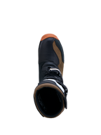 Alpinestars Tech-T laarzen, heren trials motorlaarzen, zwart en bruin leer, bovenaanzicht met gespsluiting, CE-gecertificeerd.