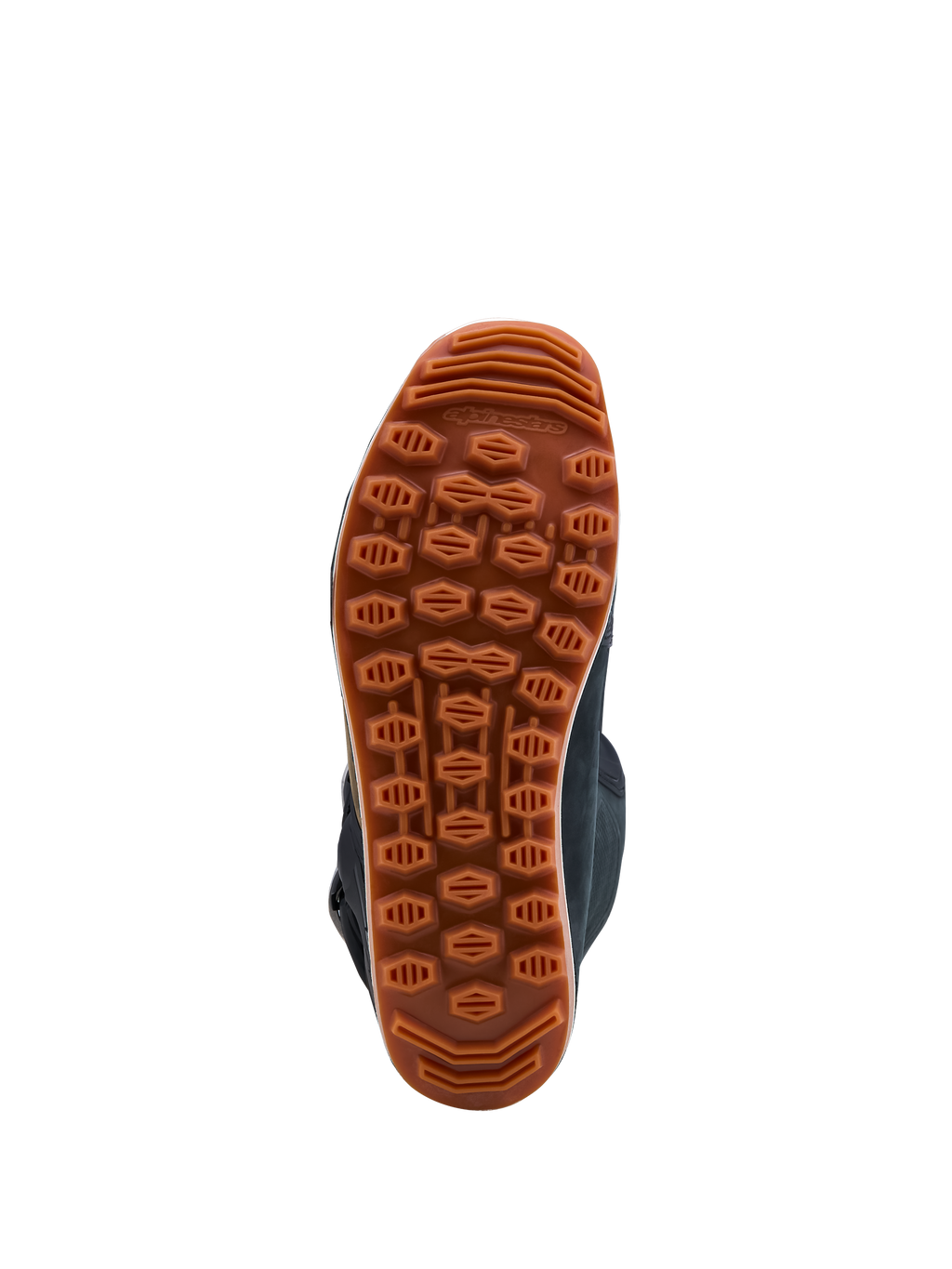 Alpinestars Tech-T laarzen, bruin en zwart, gomrubberen zool met hoge grip voor trialrijden op ruig terrein.