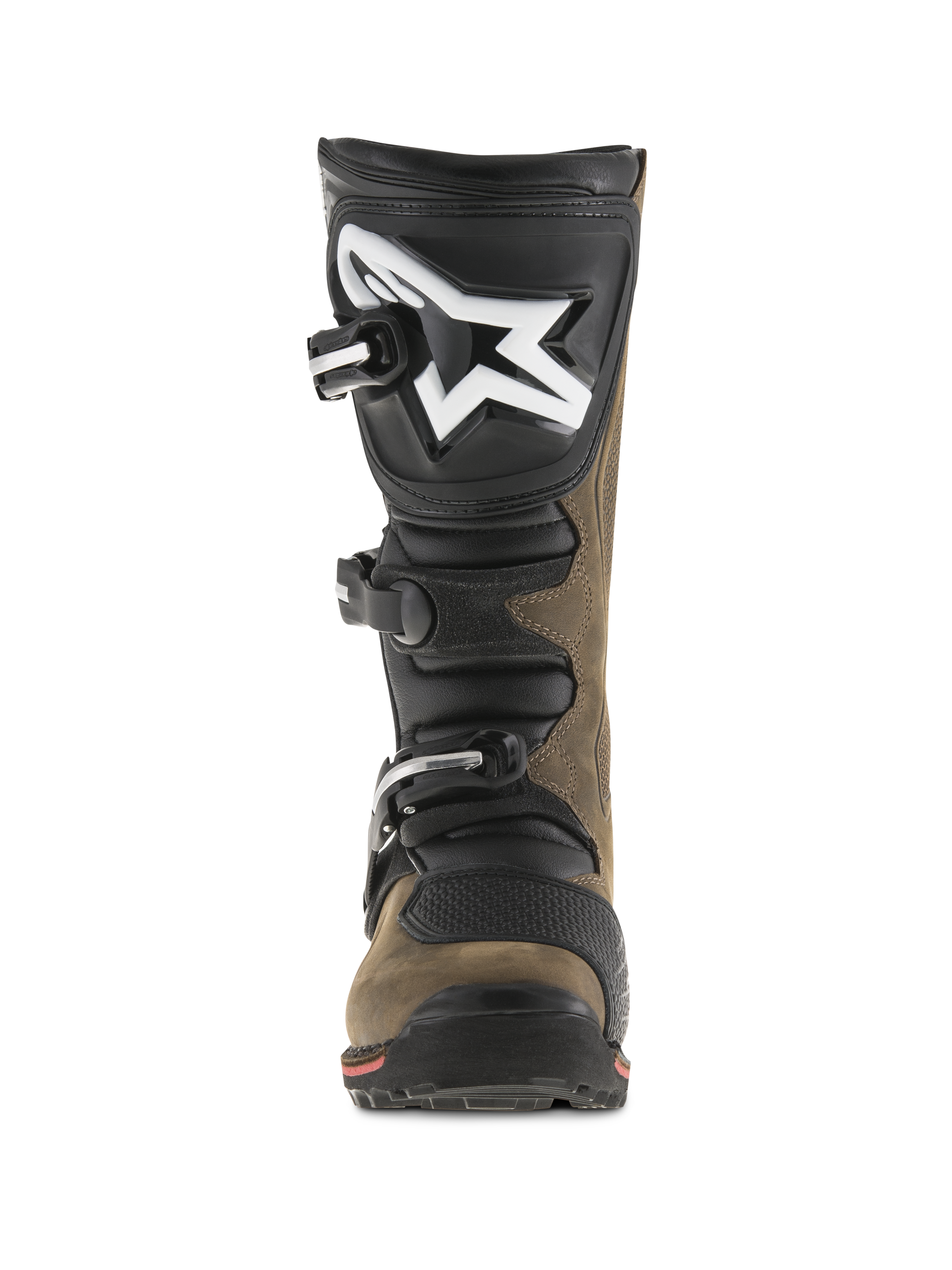 Alpinestars Tech-T laarzen, trial motorlaarzen, bruin geolied en zwart, vooraanzicht met ergonomische scheenplaat en groot wit logo, sluitingssysteem met drie gespen, gespecialiseerde zool voor technisch off-road rijden