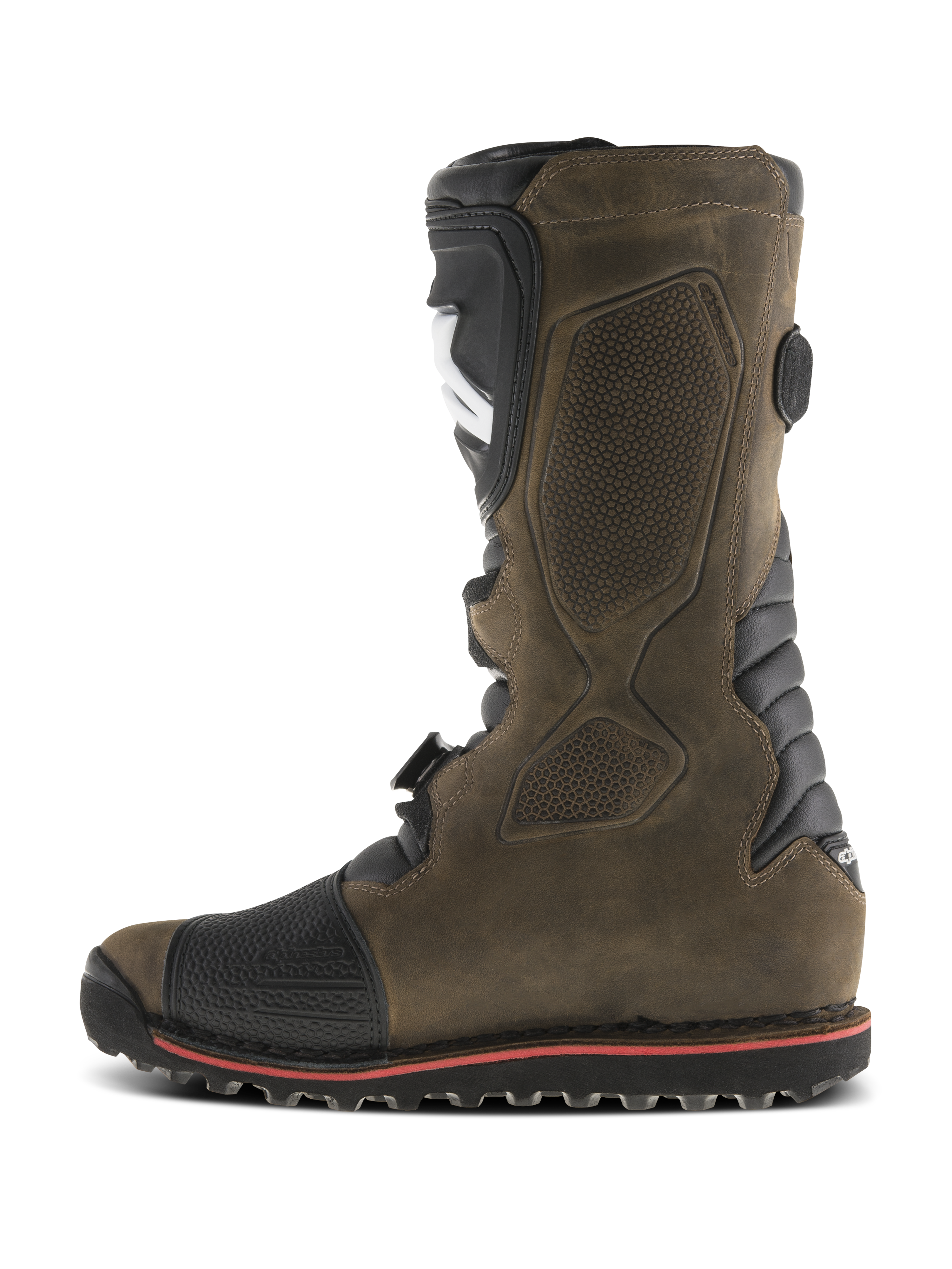 Alpinestars Tech-T laarzen, trial motorlaarzen, Brown Oiled, zijaanzicht met zwarte ergonomische scheenplaat, getextureerd lederen bovenwerk, versterkte teen en duurzame zool met rode accentlijn