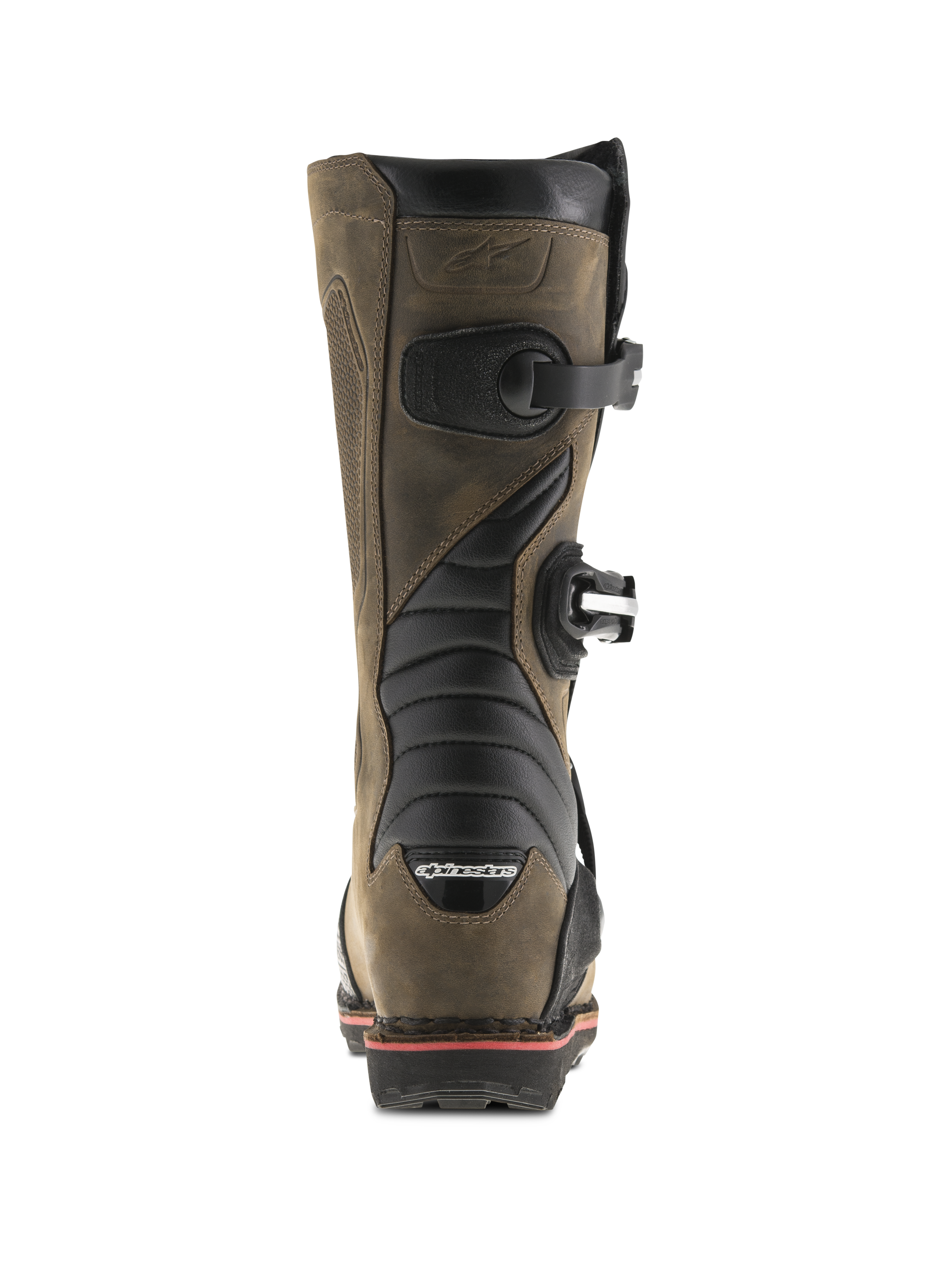 Alpinestars Tech-T laarzen, bruin geolied, achteraanzicht met zwarte accordeon flex-zones, gespen aan de zijkant en Alpinestars-logo op de hiel, professionele trial motorlaarzen met een robuuste lederen afwerking