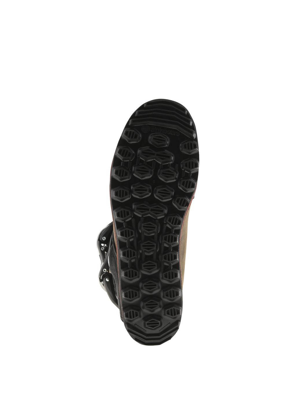 Alpinestars Tech-T laarzen, trial-laarzen, bruin geolied leer, onderaanzicht van zwarte eigen zool, getextureerd hexagonaal profiel voor grip en gevoeligheid voor de voetsteun, duurzame rubberen constructie