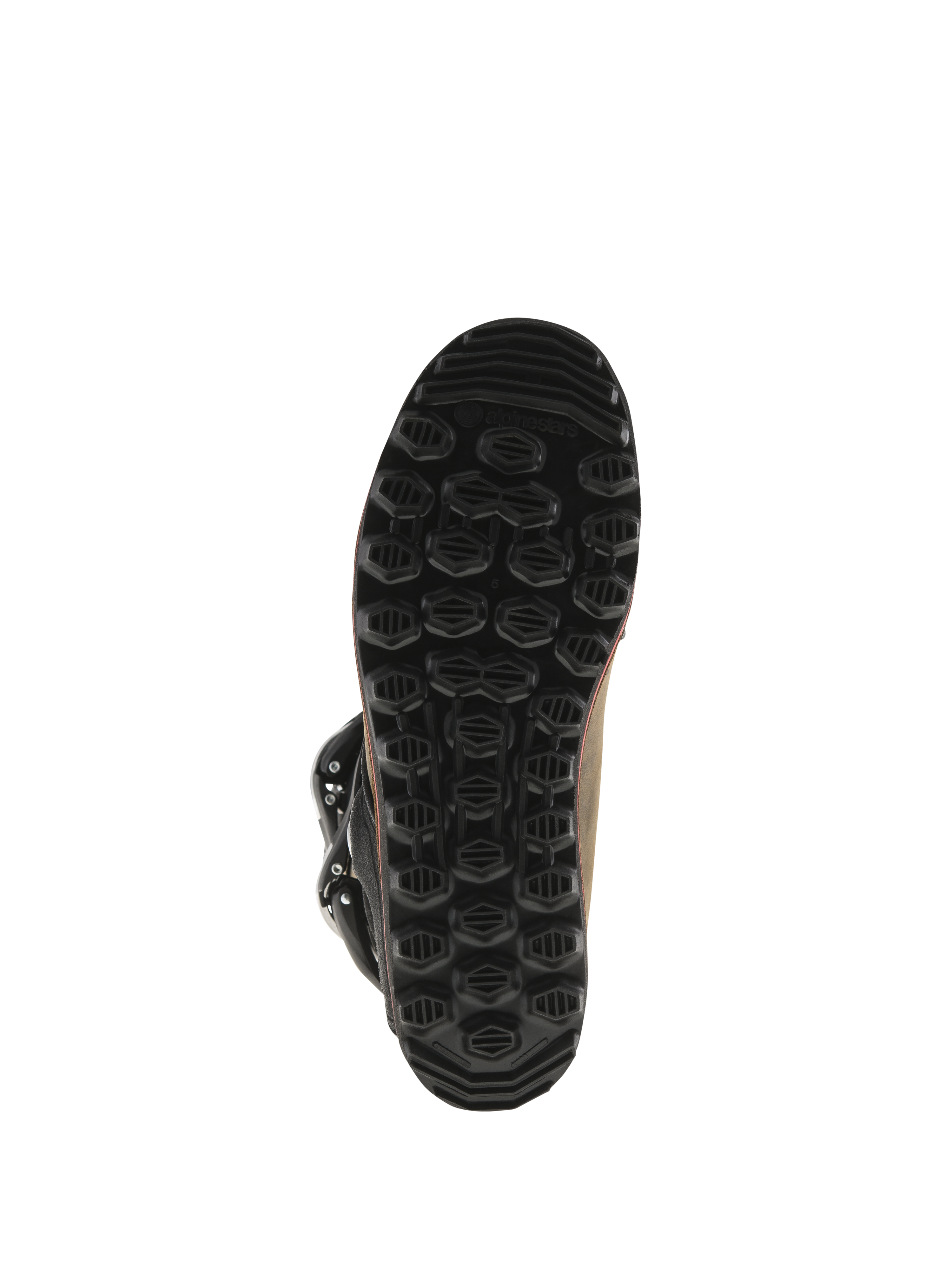 Alpinestars Tech-T laarzen, trial-laarzen, bruin geolied leer, onderaanzicht van zwarte eigen zool, getextureerd hexagonaal profiel voor grip en gevoeligheid voor de voetsteun, duurzame rubberen constructie