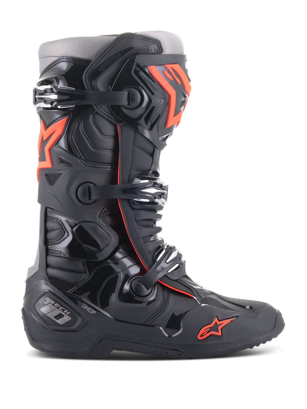 Alpinestars Tech 10 laarzen, motorcross off-road racelaarzen, zwart en fluo rood, voorzien van een drievoudig gespsluitingssysteem, voorgevormde TPU-beschermende schaal, rood sterlogo op de neus en hoogwaardige constructie voor professioneel MX-rijden