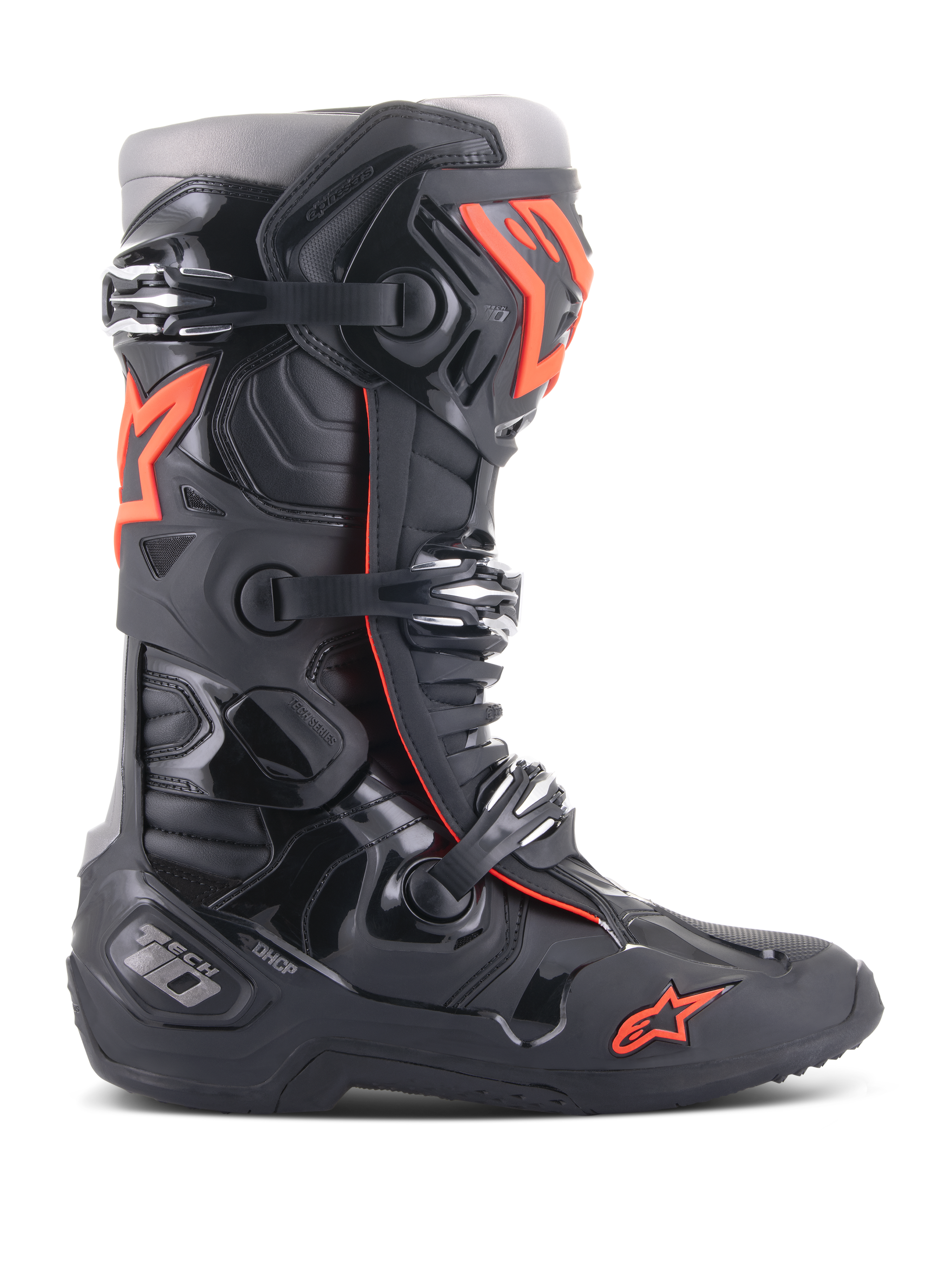 Alpinestars Tech 10 laarzen, motorcross off-road racelaarzen, zwart en fluo rood, voorzien van een drievoudig gespsluitingssysteem, voorgevormde TPU-beschermende schaal, rood sterlogo op de neus en hoogwaardige constructie voor professioneel MX-rijden