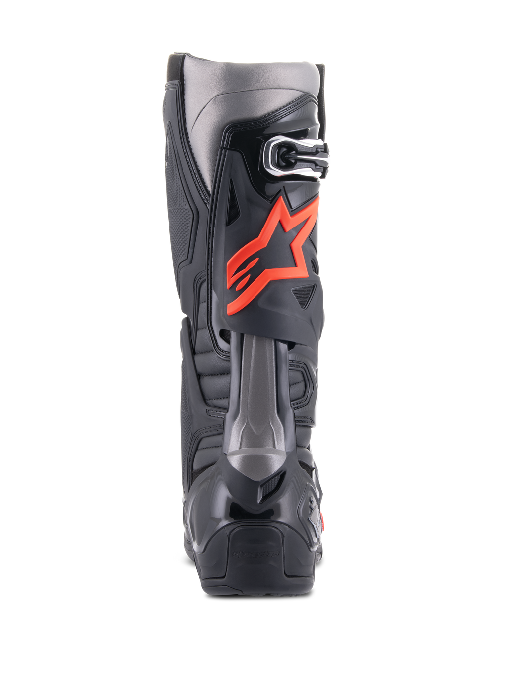 Alpinestars Tech 10 laarzen, motorcrosslaarzen, zwart en fluorood, achteraanzicht met technische TPU-schaal, donkergrijze panelen en een opvallend fluorood sterlogo op de kuit.