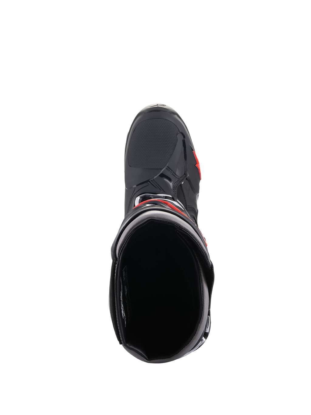 Alpinestars Tech 10 laarzen, motorcrosslaarzen, zwart en rood fluo, bovenaanzicht met zicht in de opening van de laars, voorzien van een gestroomlijnde zwarte schaal met rode accenten en een getextureerd teengedeelte