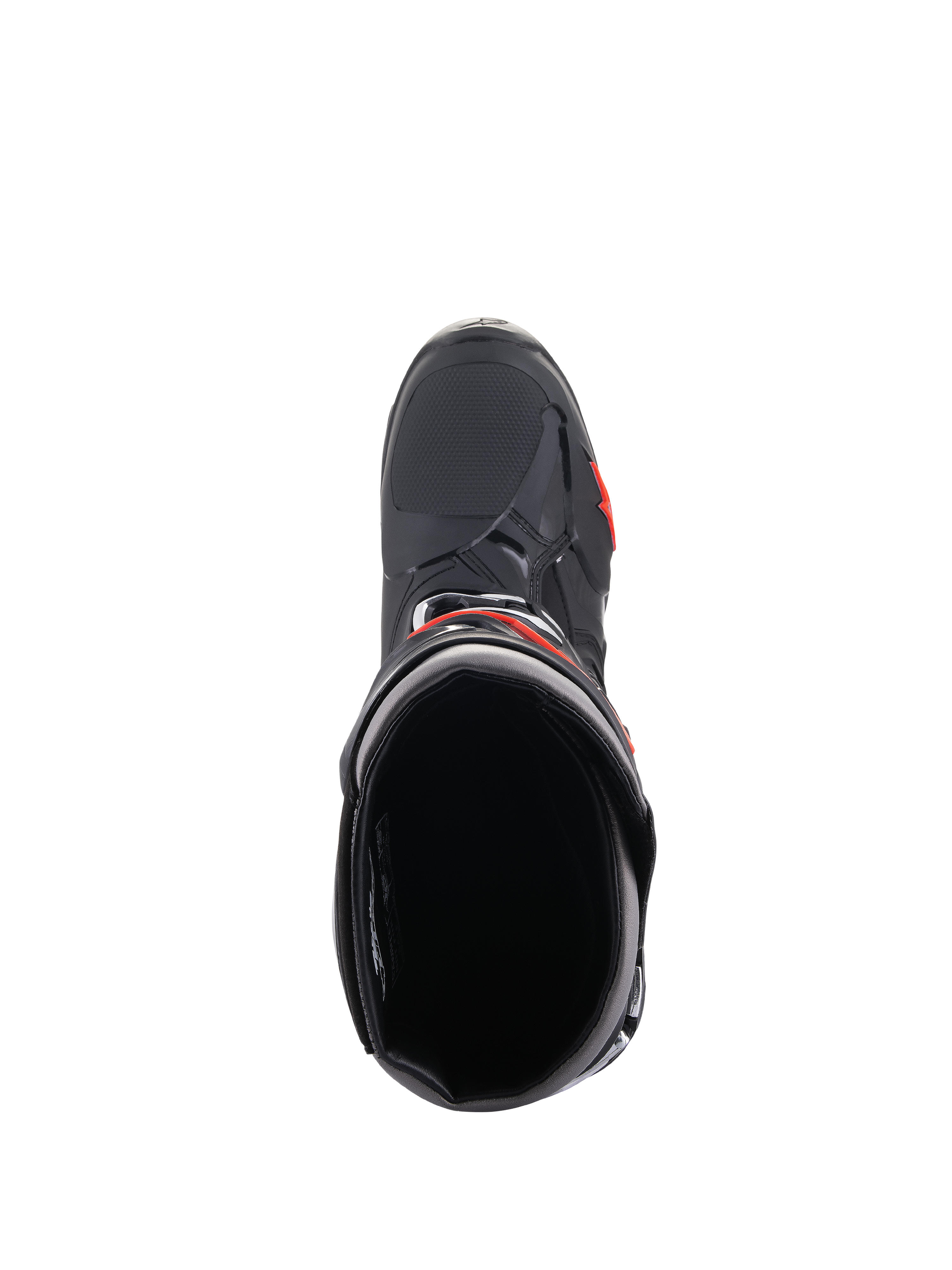 Alpinestars Tech 10 laarzen, motorcrosslaarzen, zwart en rood fluo, bovenaanzicht met zicht in de opening van de laars, voorzien van een gestroomlijnde zwarte schaal met rode accenten en een getextureerd teengedeelte