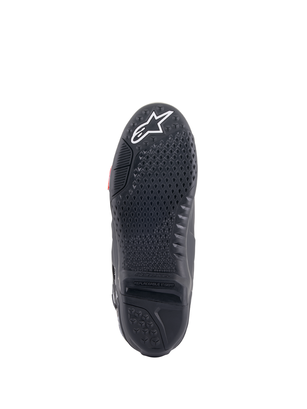 Alpinestars Tech 10 laarzen, motorcrosslaarzen, zicht op de zwarte zool met eigen gripstructuur en getextureerd profiel, wit sterlogo op de neus, vervangbaar centraal zoolinzetstuk voor off-road prestaties