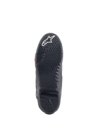 Alpinestars Tech 10 laarzen, motorcrosslaarzen, zicht op de zwarte zool met eigen gripstructuur en getextureerd profiel, wit sterlogo op de neus, vervangbaar centraal zoolinzetstuk voor off-road prestaties