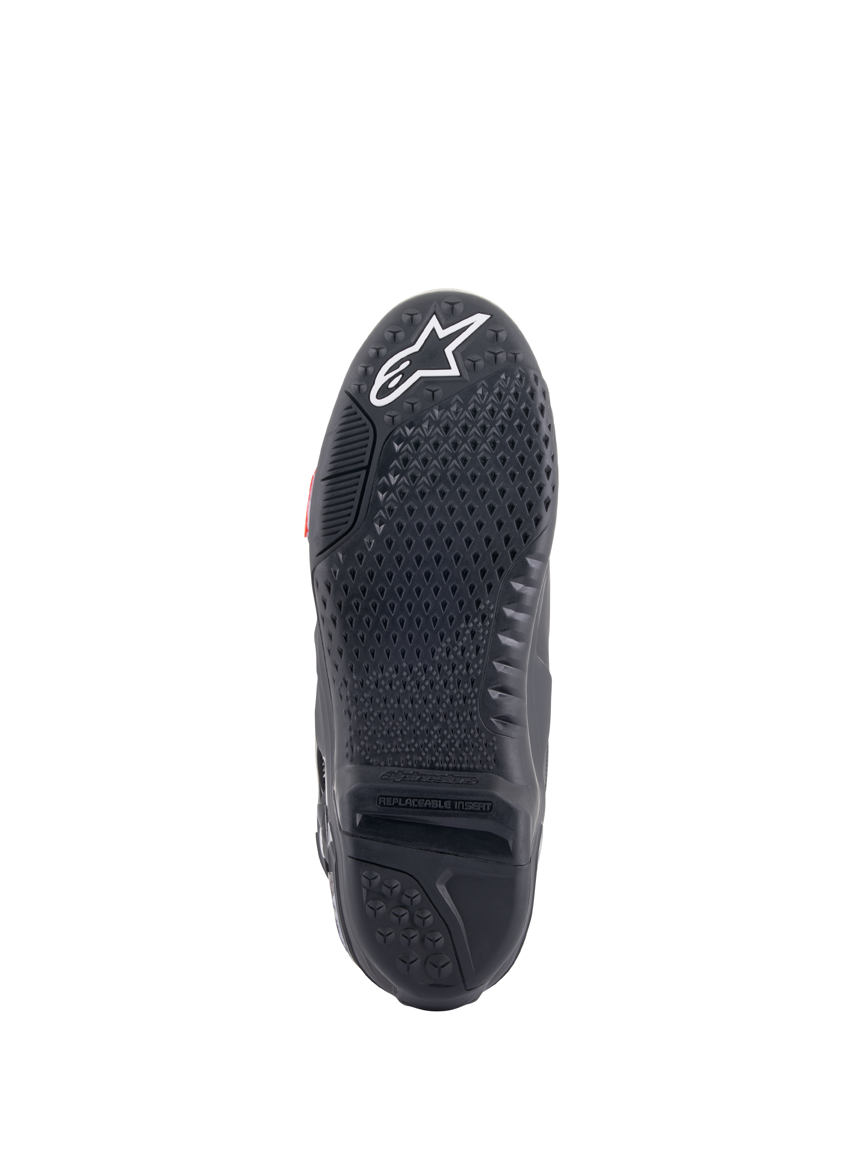 Alpinestars Tech 10 laarzen, motorcrosslaarzen, zicht op de zwarte zool met eigen gripstructuur en getextureerd profiel, wit sterlogo op de neus, vervangbaar centraal zoolinzetstuk voor off-road prestaties