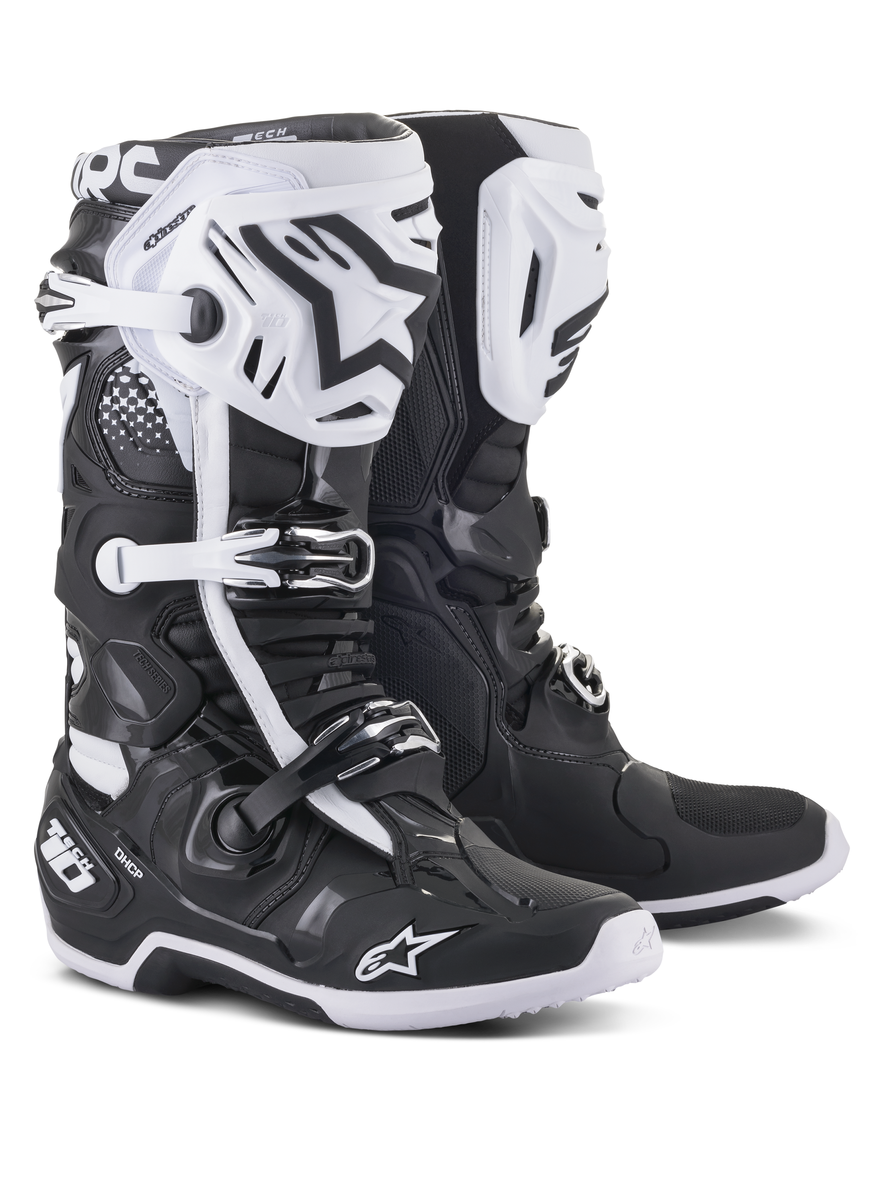 Alpinestars Tech 10 motorcrosslaarzen, zwart en wit, hoogwaardig beschermend ontwerp met witte scheenplaten, zwarte sterlogo's, verstelbare gespen en DHCP-hielbescherming, robuuste zolen met textuur voor off-road racen