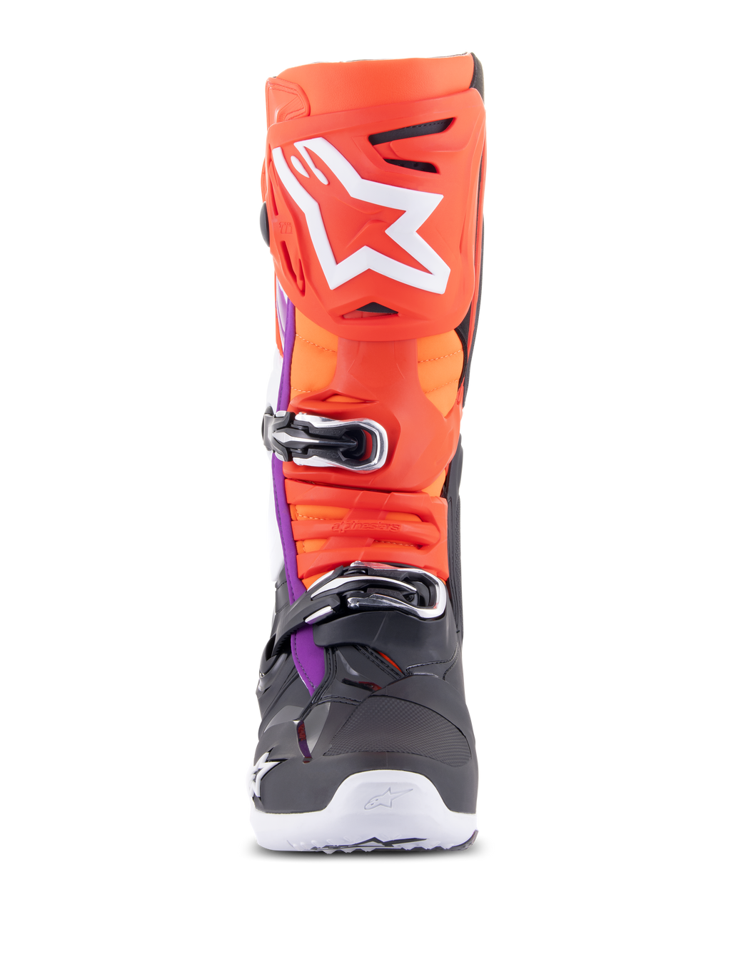 Alpinestars Tech 10 laarzen, motorcrosslaarzen, zwart, fluorood, fluooranje en wit met paarse accenten, vooraanzicht met meervoudig gespsluitingssysteem en groot wit logo op de scheenbeschermer