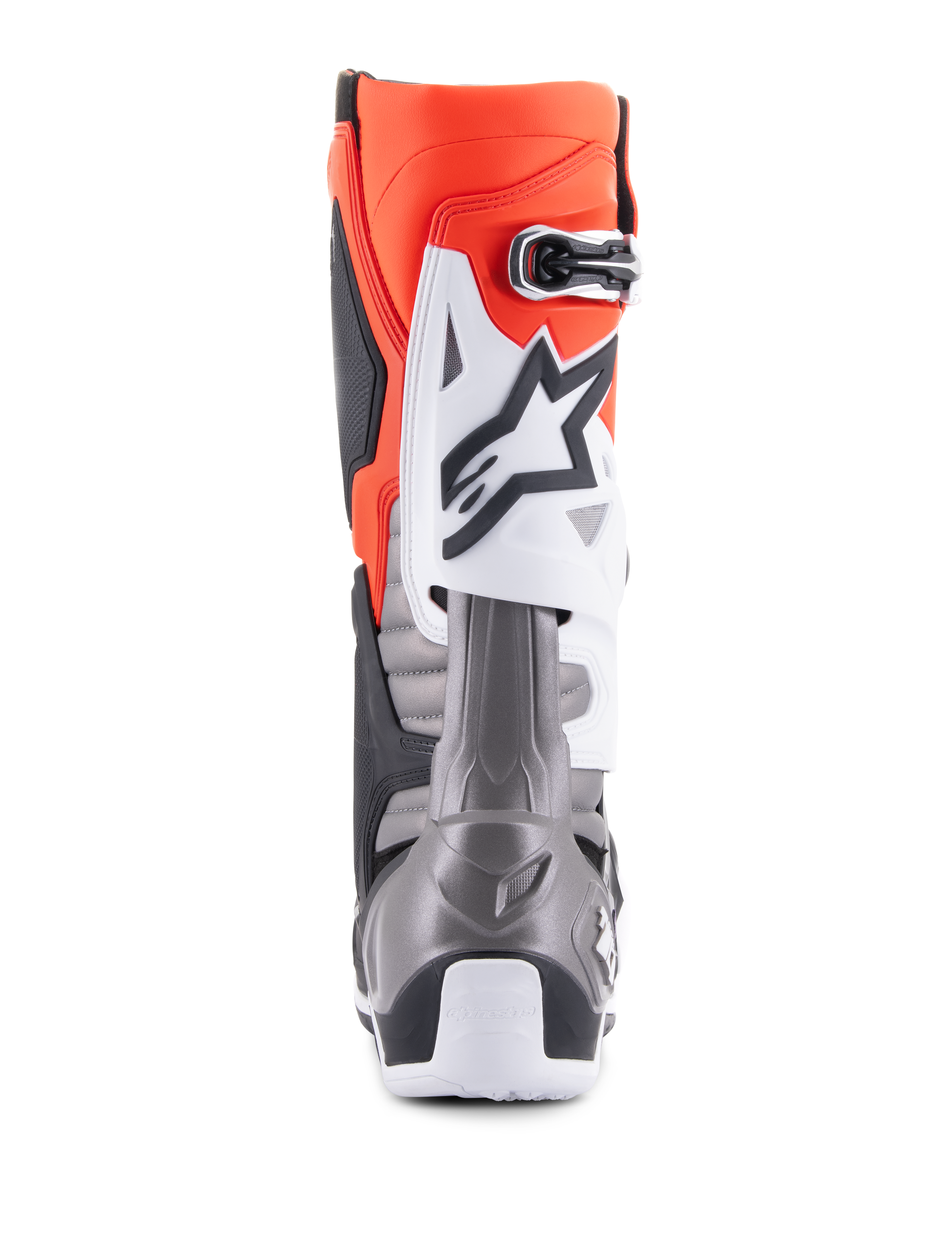 Alpinestars Tech 10 laarzen, motorcrosslaarzen, zwart, rood, fluo oranje en wit, achteraanzicht met een feloranje bovenwerk, witte beschermplaat met zwart logo en metallic grijze hielsectie voor off-road raceprestaties
