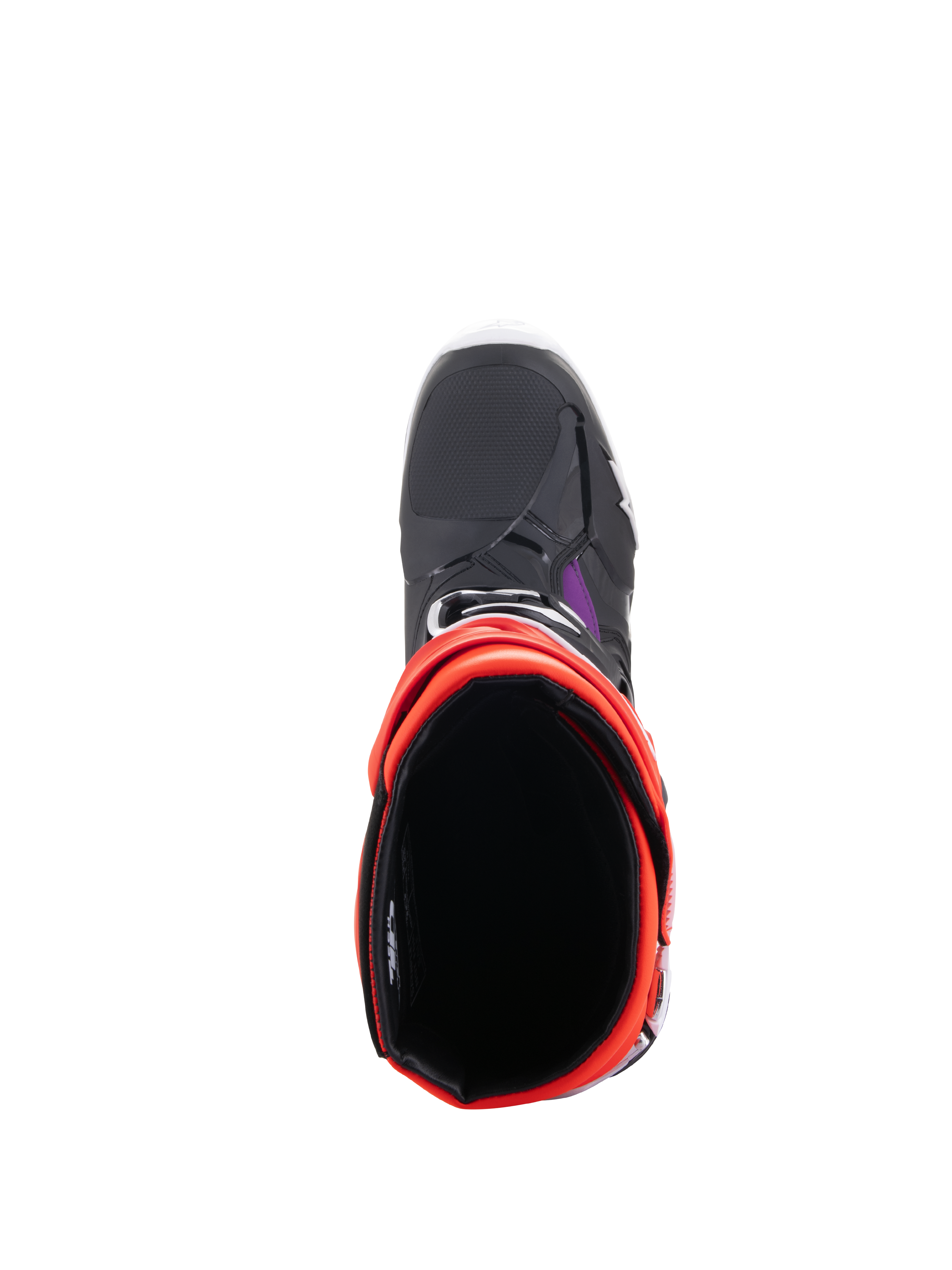 Alpinestars Tech 10 laarzen, motorcrosslaarzen, zwart, fluo rood, fluo oranje en wit, bovenaanzicht met de binnenopening en de neus, beschermend off-road schoeisel