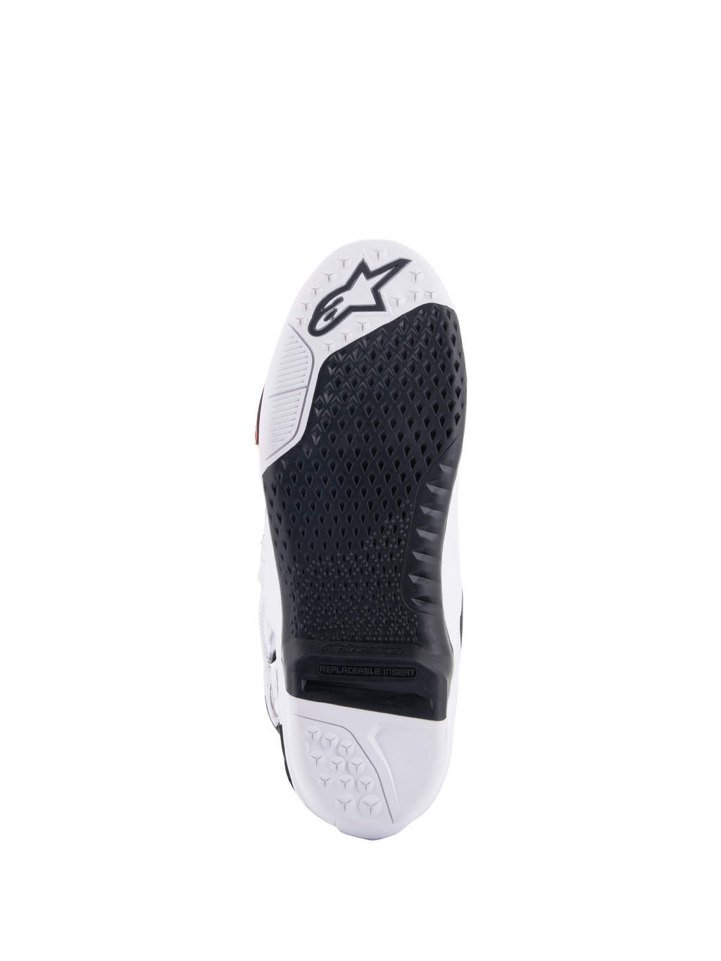 Alpinestars Tech 10 laarzen, motorcrosslaarzen, onderaanzicht met het zwarte vervangbare centrale inzetstuk en witte zool, getextureerd grippatroon, Alpinestars sterlogo op het teengedeelte, duurzaam off-road schoeisel