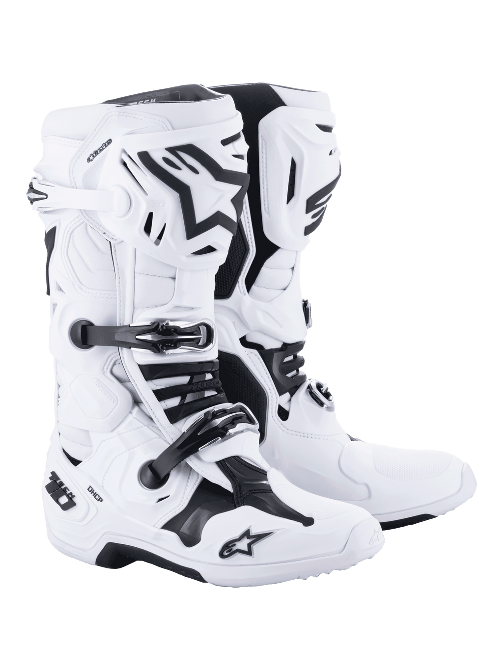 Alpinestars Tech 10 motorcrosslaarzen, wit met zwarte accenten, robuust hoog model met een drievoudig gespsluitsysteem, TPU-schaalbescherming en geavanceerde flexiecontrole, professioneel schoeisel voor off-road racen