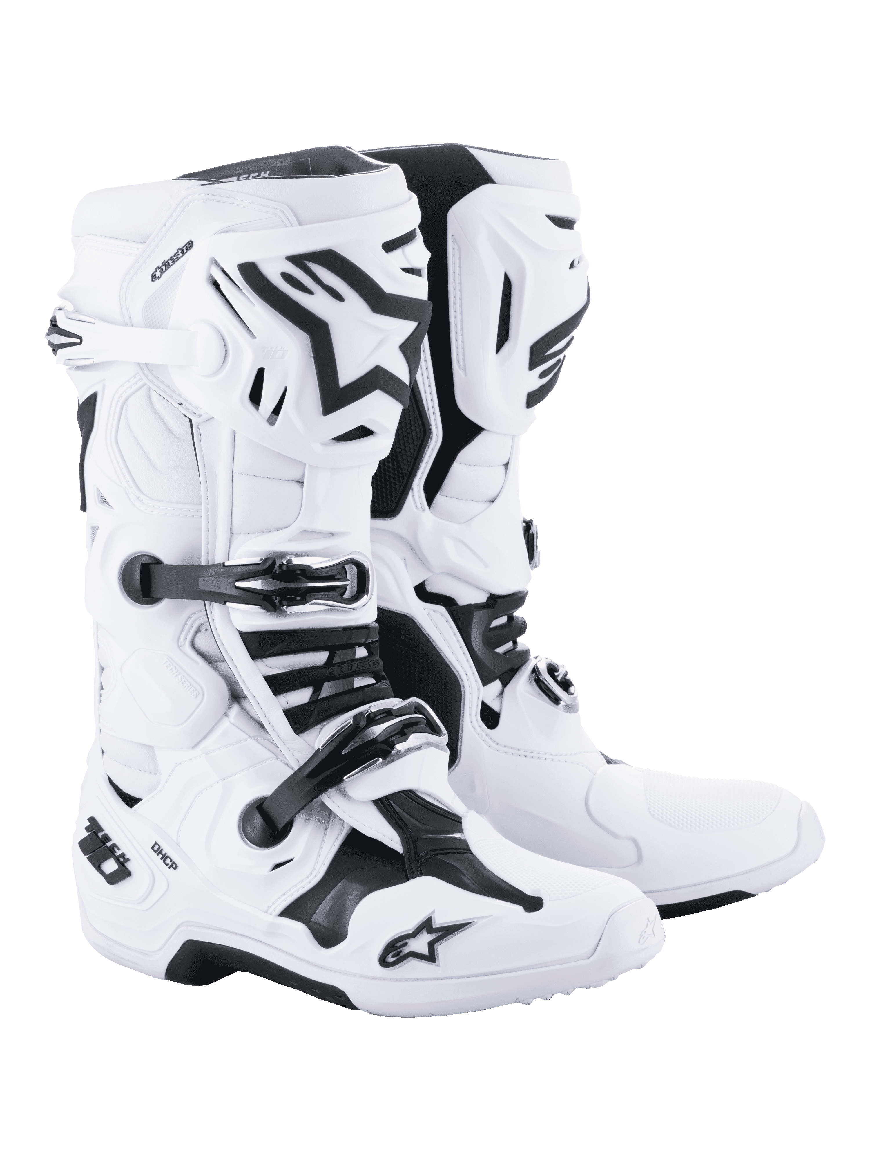 Alpinestars Tech 10 motorcrosslaarzen, wit met zwarte accenten, robuust hoog model met een drievoudig gespsluitsysteem, TPU-schaalbescherming en geavanceerde flexiecontrole, professioneel schoeisel voor off-road racen