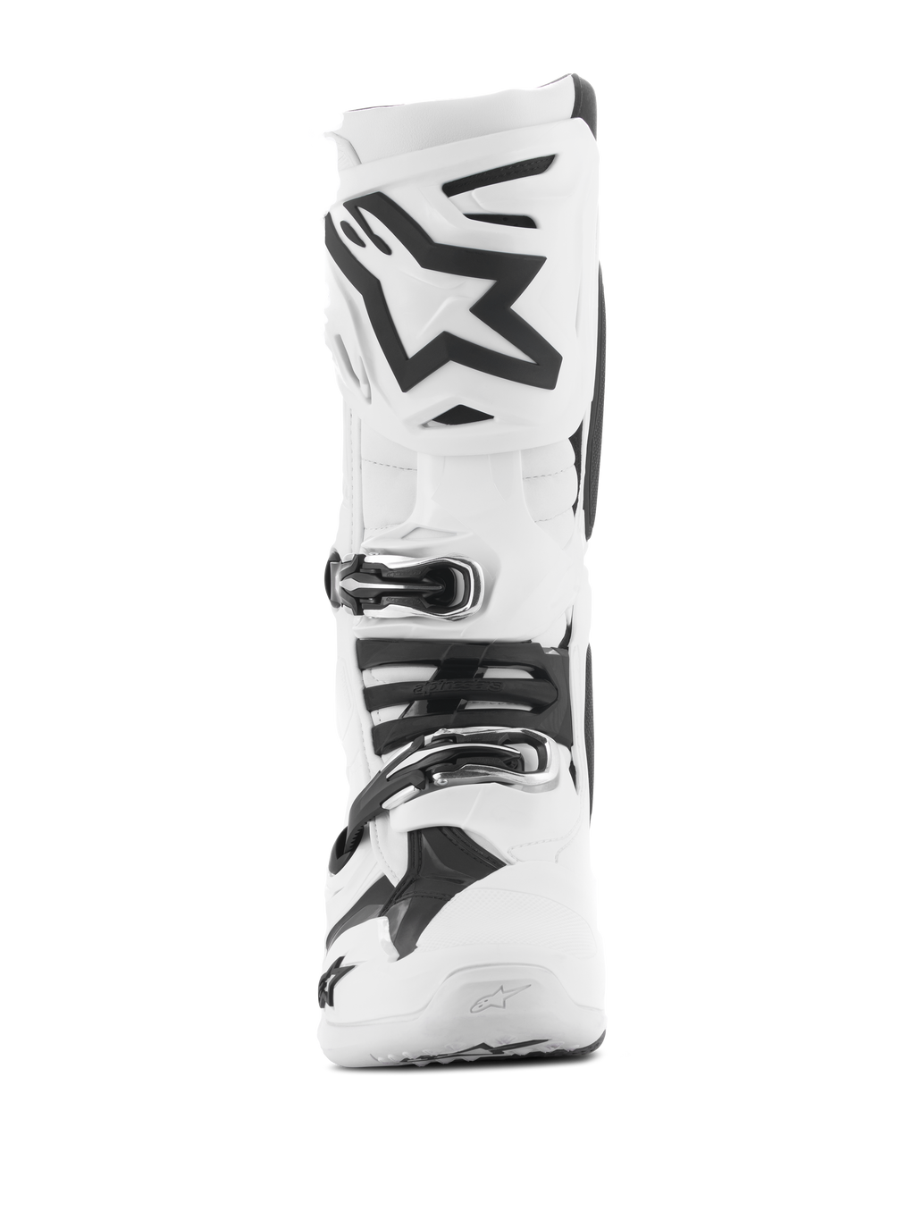 Alpinestars Tech 10 laarzen, witte motorcrosslaarzen, vooraanzicht met een zwart Astars-logo op de scheenplaat, meervoudig gespsluitsysteem en gestroomlijnd beschermend ontwerp voor off-road racing