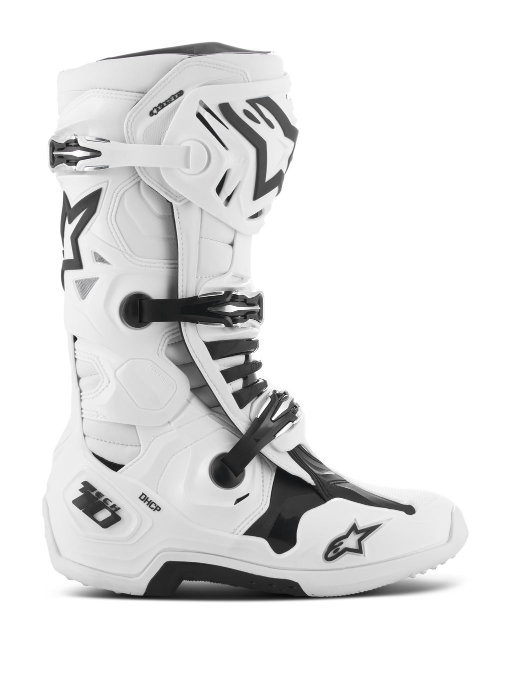 Alpinestars Tech 10 laarzen, motorcross racelaarzen, wit en zwart, drievoudig gespsluitingssysteem, versterkte TPU-schaal met 'Tech 10' en 'DHCP' branding, dikke robuuste zool, CE-gecertificeerd beschermend schoeisel voor off-road racen